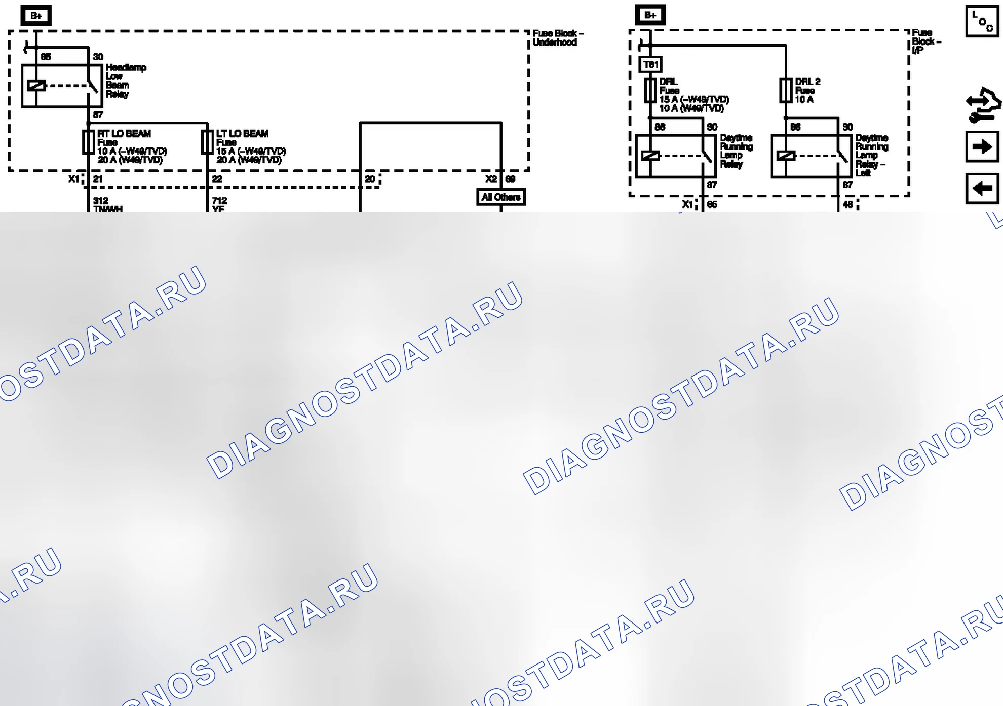Рис. 48: Предохранители DRL, DRL 2, LT LO BEAM и RT LO BEAM. Buick Enclave I