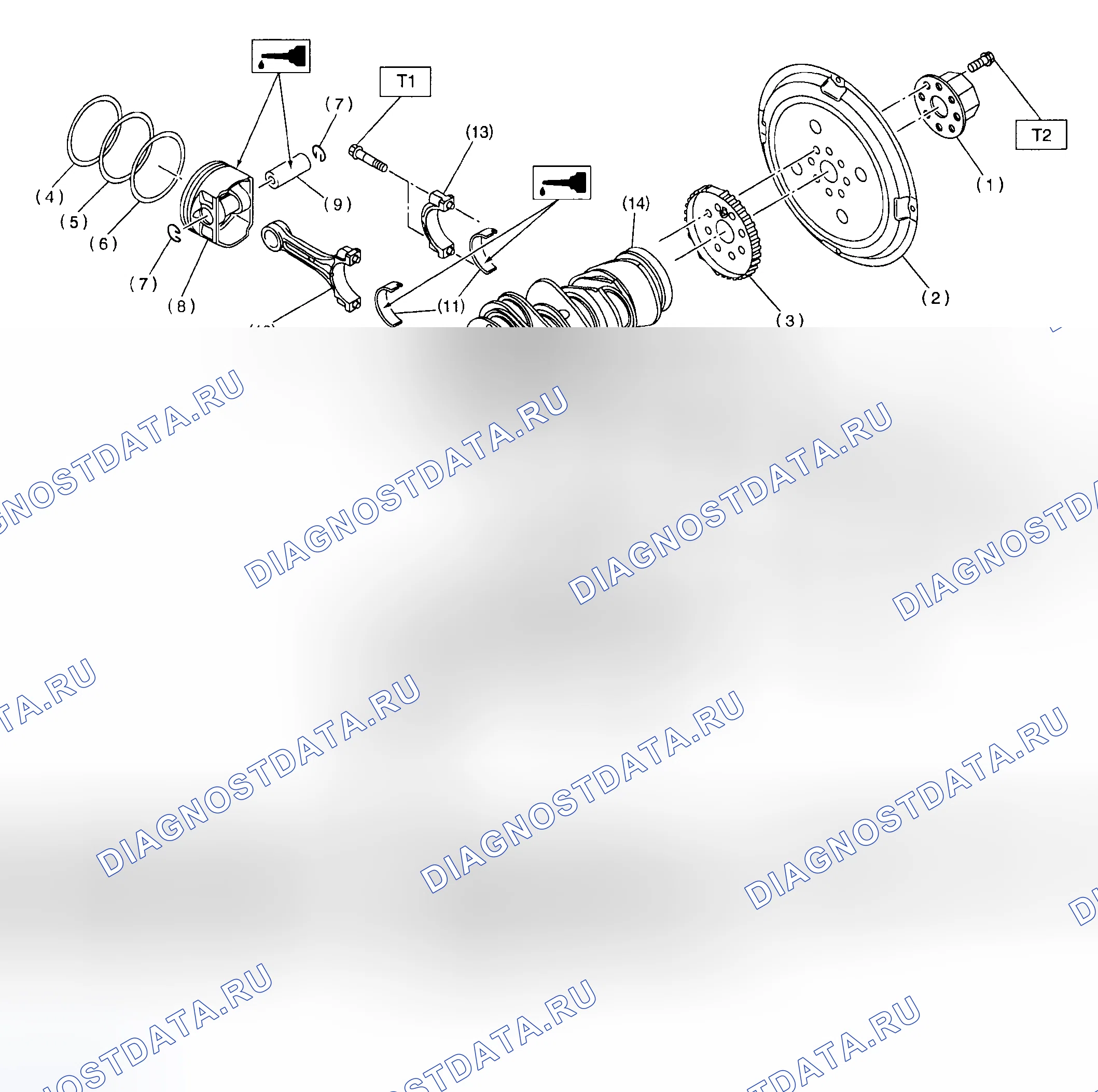 Рис. 31: Покомпонентный вид коленчатого вала и поршней. Subaru Outback BH