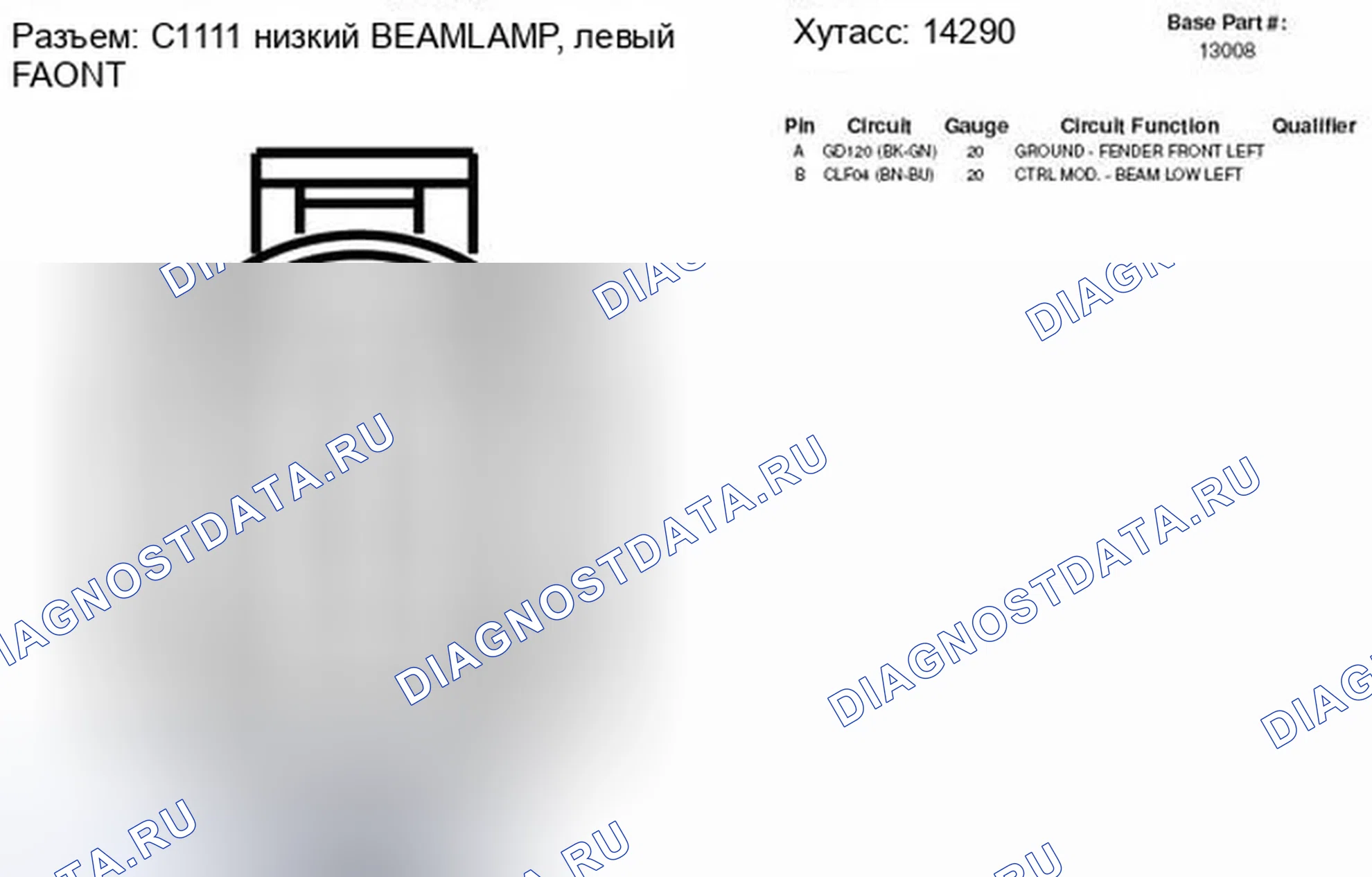 Рис. 212: Левый передний разъем лампы ближнего света, вид с торца (C1111). Ford Edge I