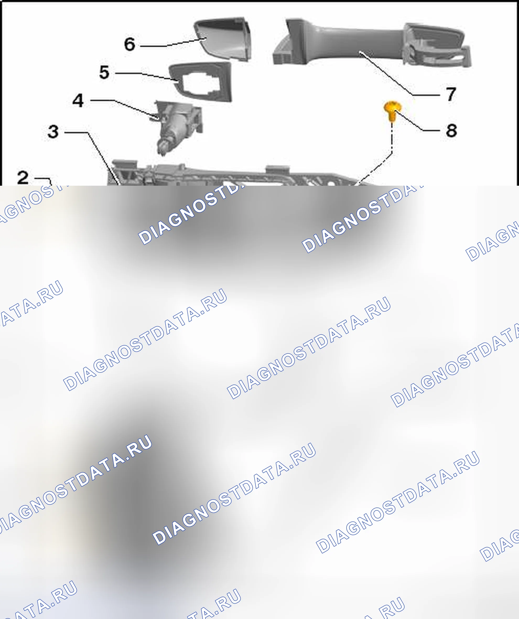 Рис. 76: ОБЗОР ДВЕРНОЙ РУЧКИ И ЗАМКА ДВЕРИ. Volkswagen Golf Mk7