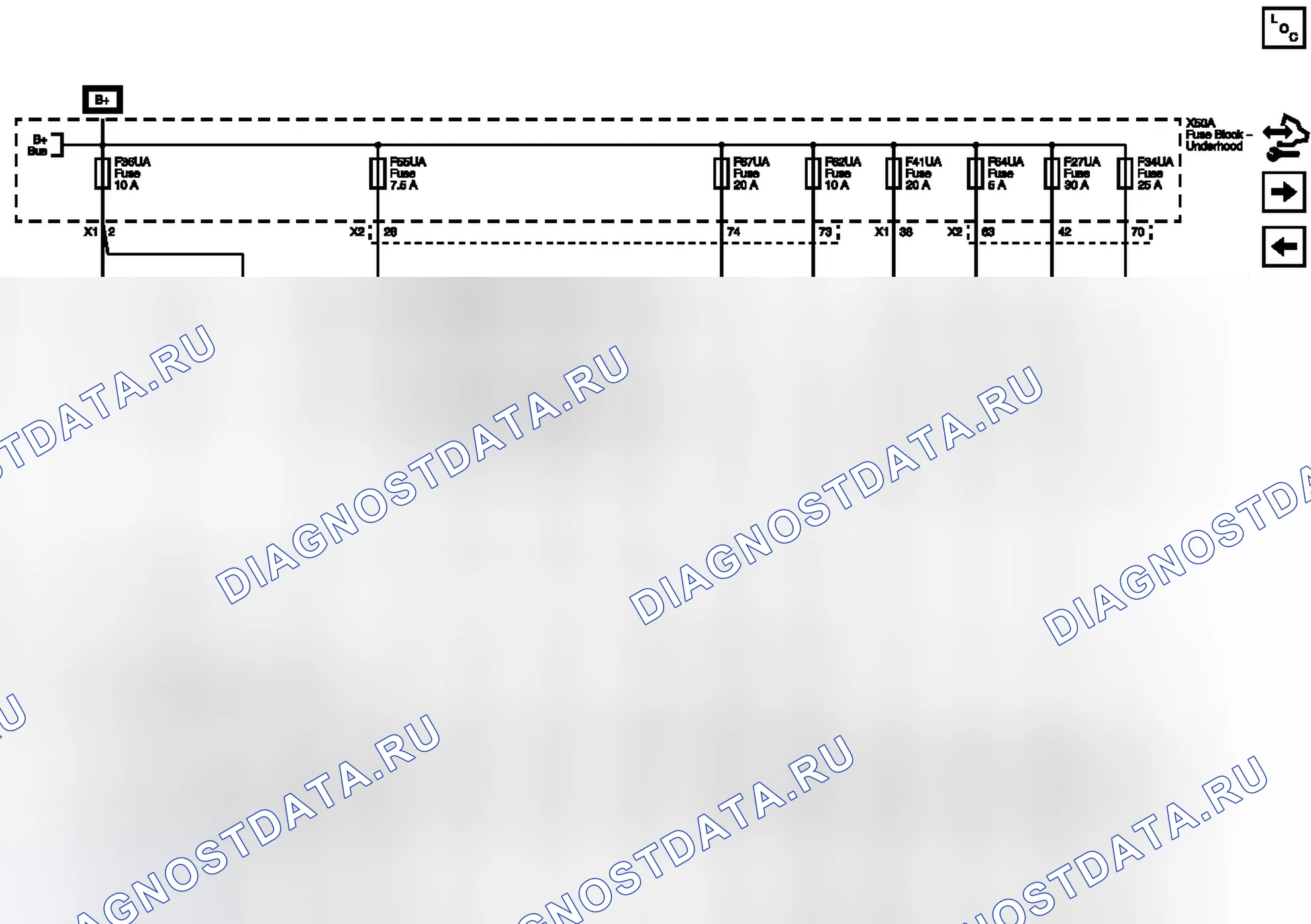 Рис. 22: F27UA, F34UA, F36UA, F41UA, F55UA, F62UA, F64UA и плавкие предохранители F67UA. Buick LaCrosse II