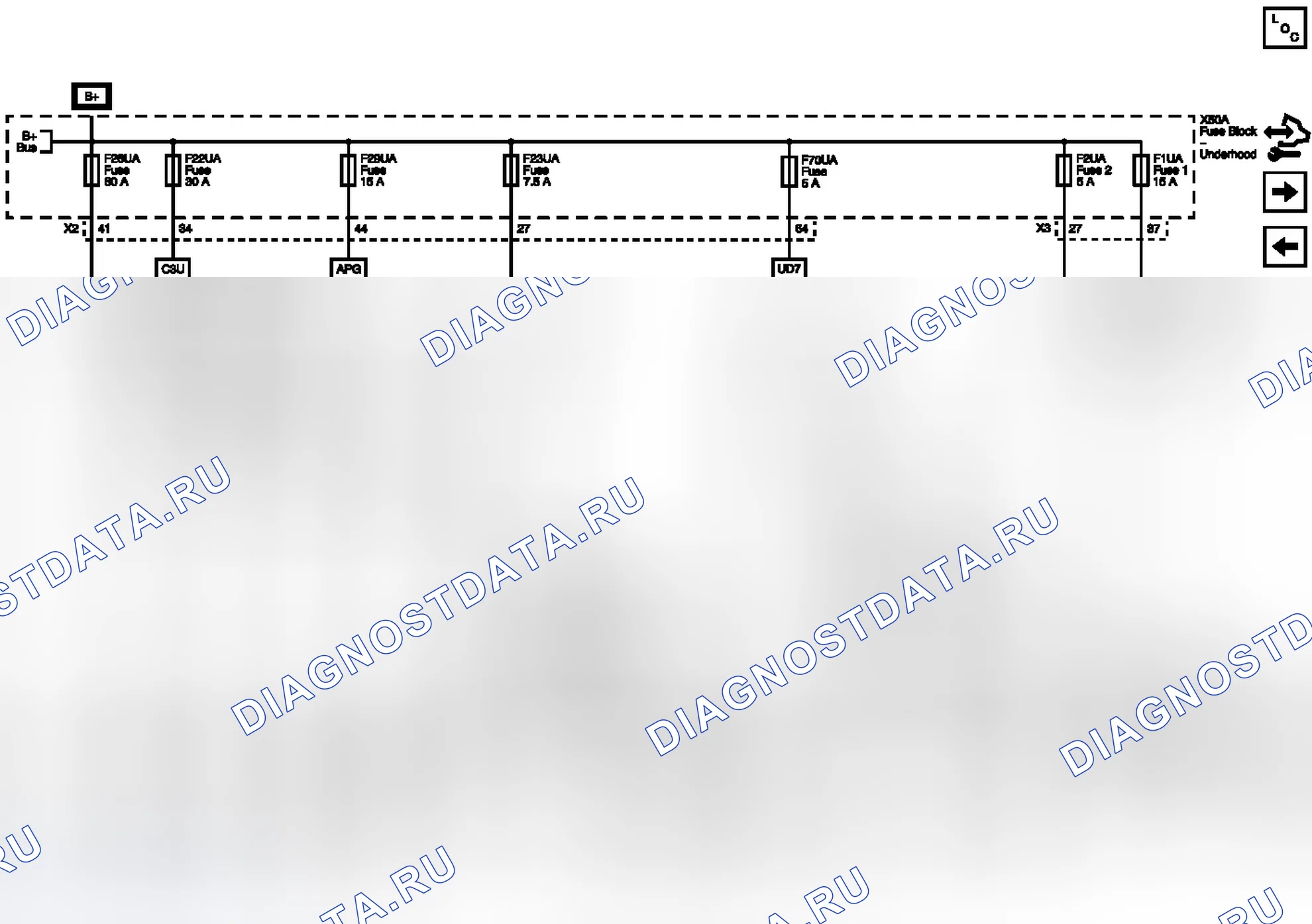 Рис. 21: F1UA, F2UA, F22UA, F23UA, F26UA, F29UA и плавкие предохранители F70UA. Buick LaCrosse II