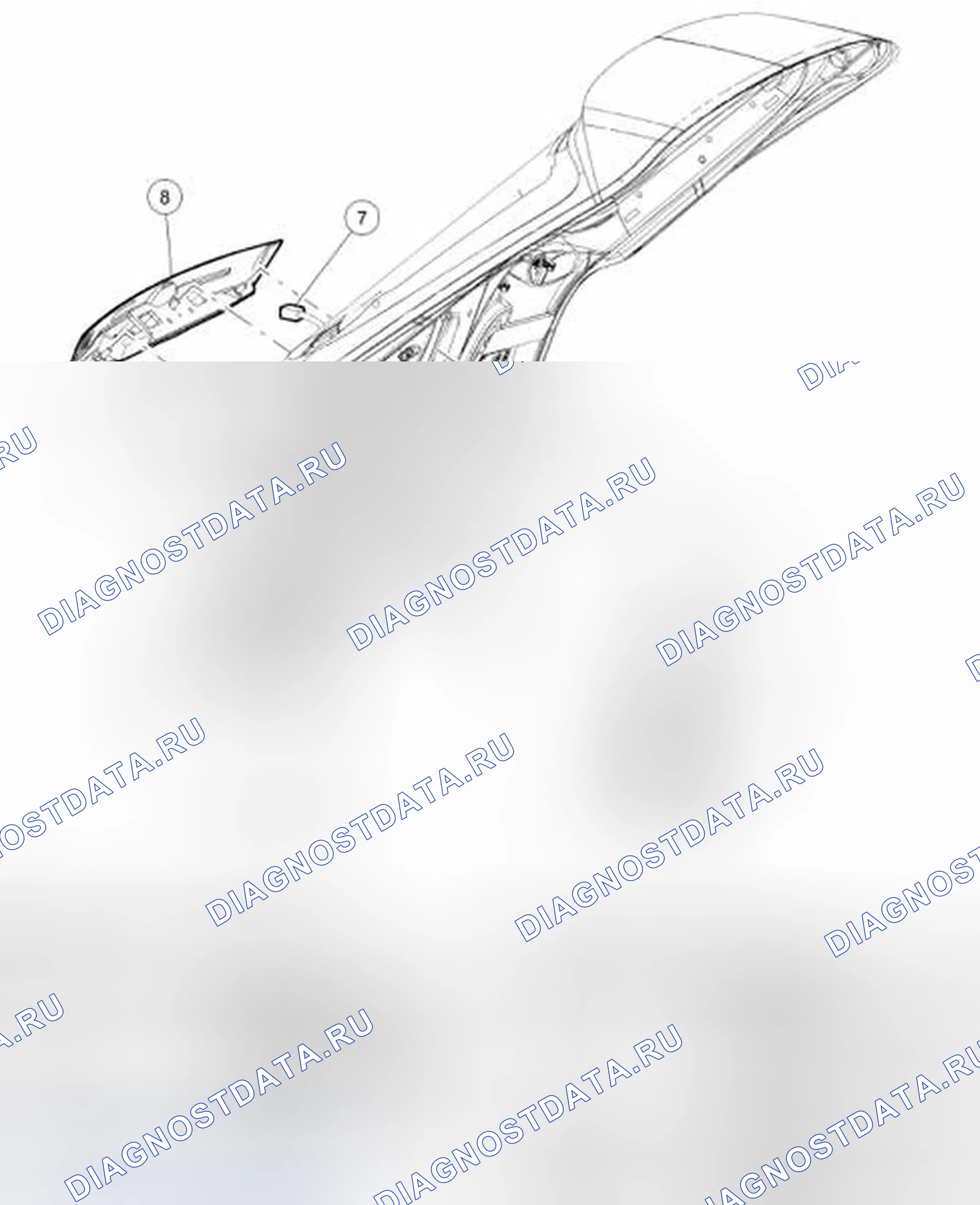 Рис. 37: Рукоятка, замок и защелка дверь багажника - разнесенный вид. Ford Focus II