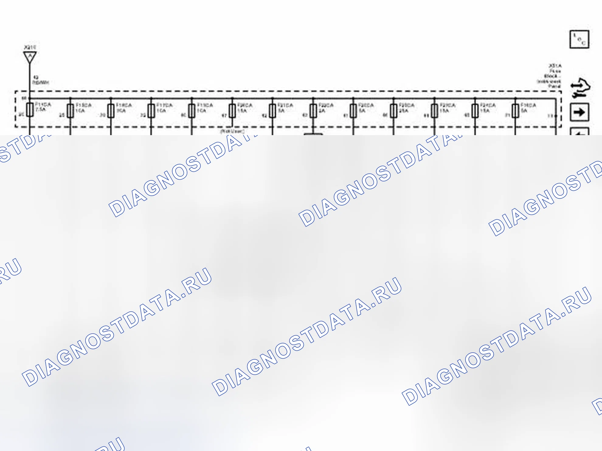 Рис. 92: F14DA, F15DA, F16DA, F17DA, F18DA, F19DA, F20DA, F21DA, F22DA, F23DA, 0, 1 и 2 Предохранители F24DA F25DA F26DA. Chevrolet Malibu VIII рестайлинг