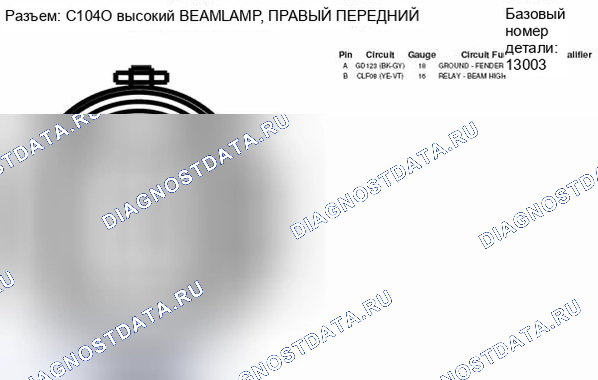 Рис. 205: Вид с торца разъема передней лампы дальнего света справа (C1040). Hyundai Lafesta I рестайлинг