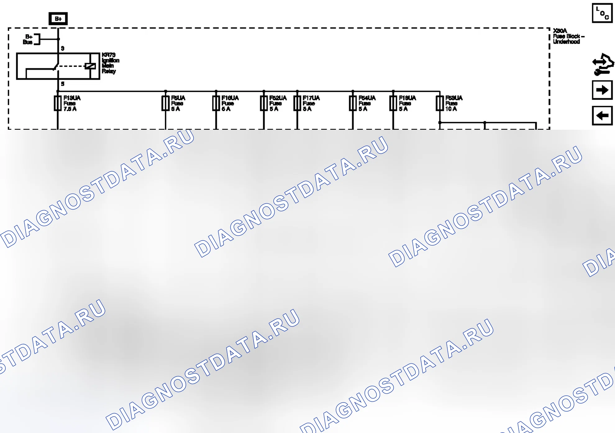 Рис. 24: F5UA, F13UA, F17UA, F18UA, F52UA, F53UA и плавкие предохранители F54UA. Buick LaCrosse II