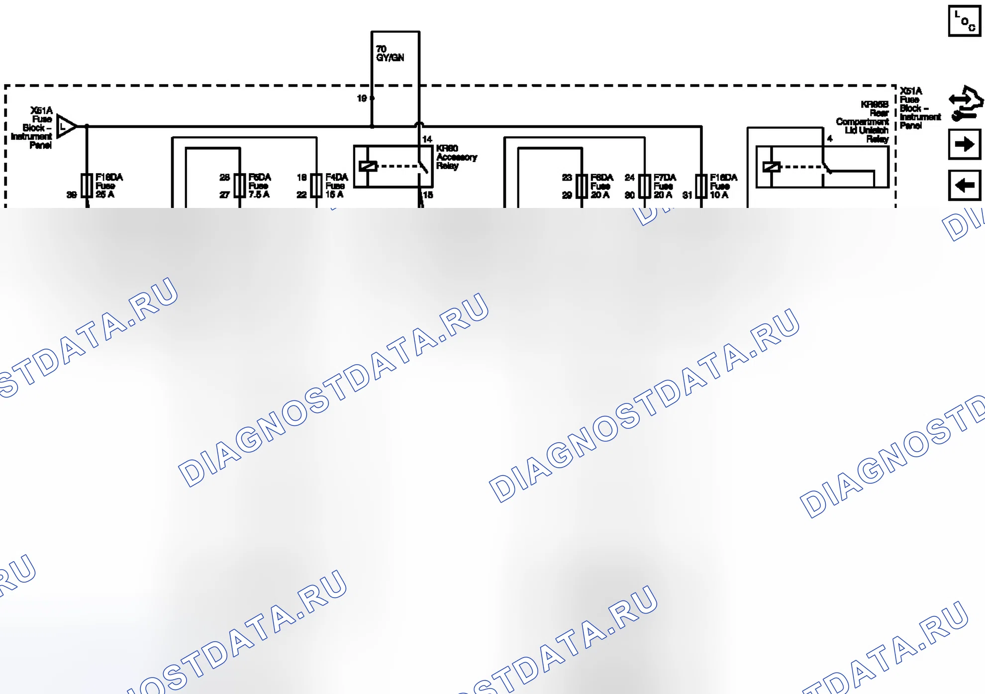 Рис. 31: Предохранители F4DA, F5DA, F6DA, F7DA, F16DA и F18DA. Buick LaCrosse II