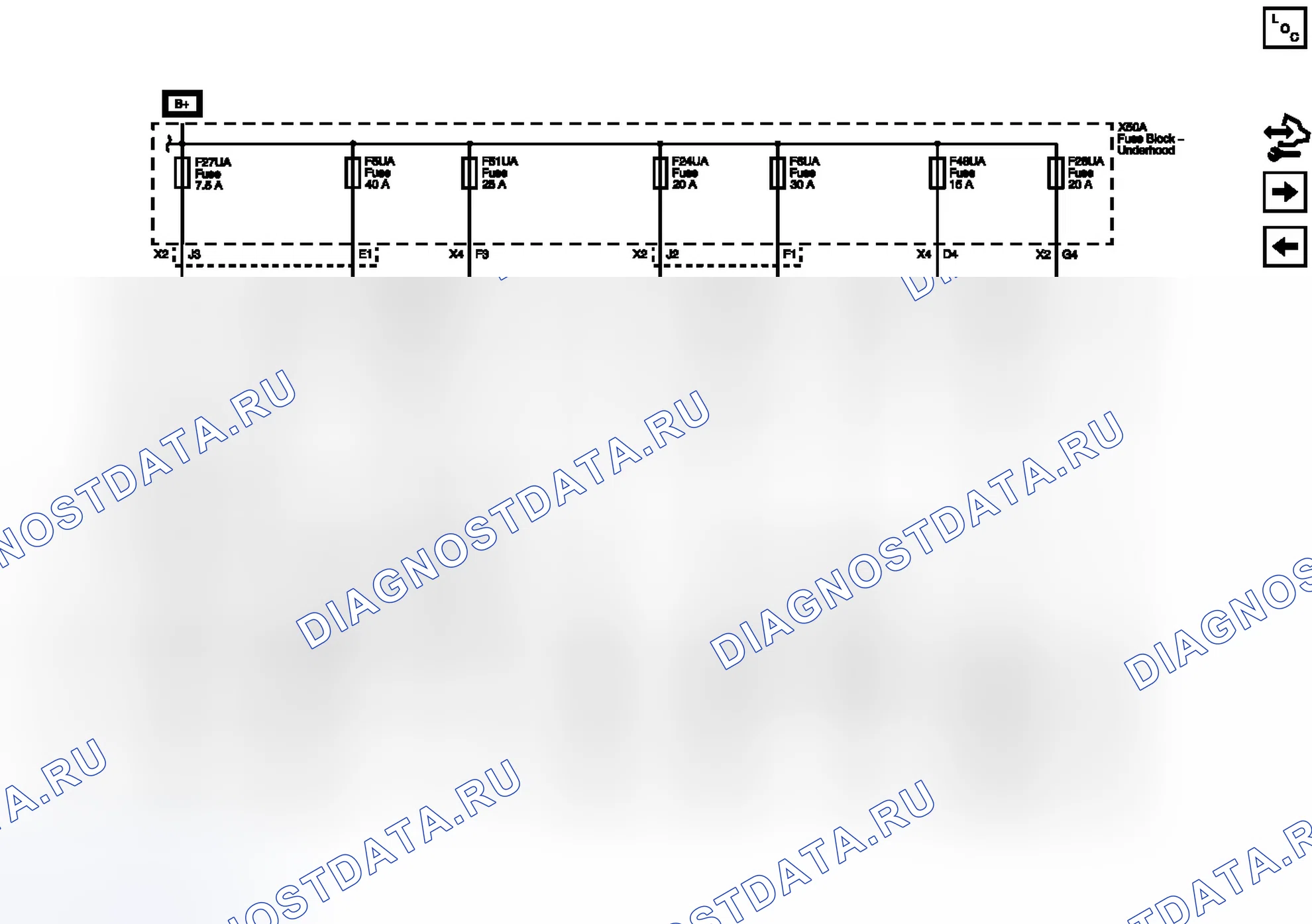 Рис. 22: Предохранители F5UA, F6UA, F24UA, F26UA, F27UA, F48UA и F51UA. GMC Terrain I