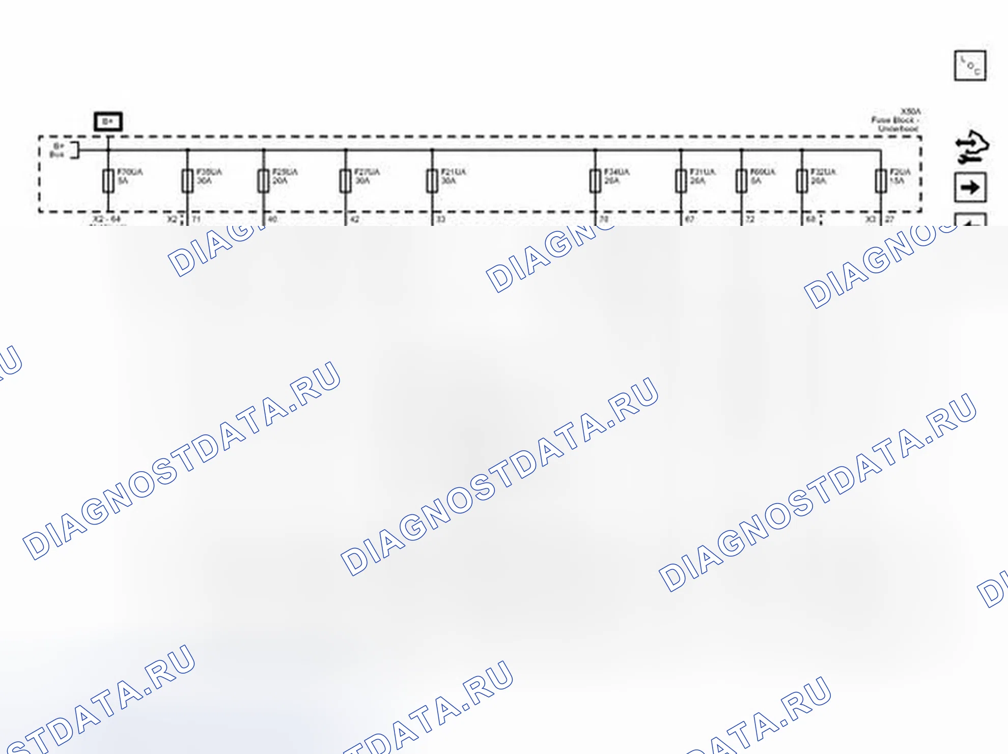 Рис. 30: Предохранители F2UA, F21UA, F25UA, F27UA, F31UA, F32UA, F34UA, F35UA, F69UA и F70UA. Chevrolet Cruze I рестайлинг