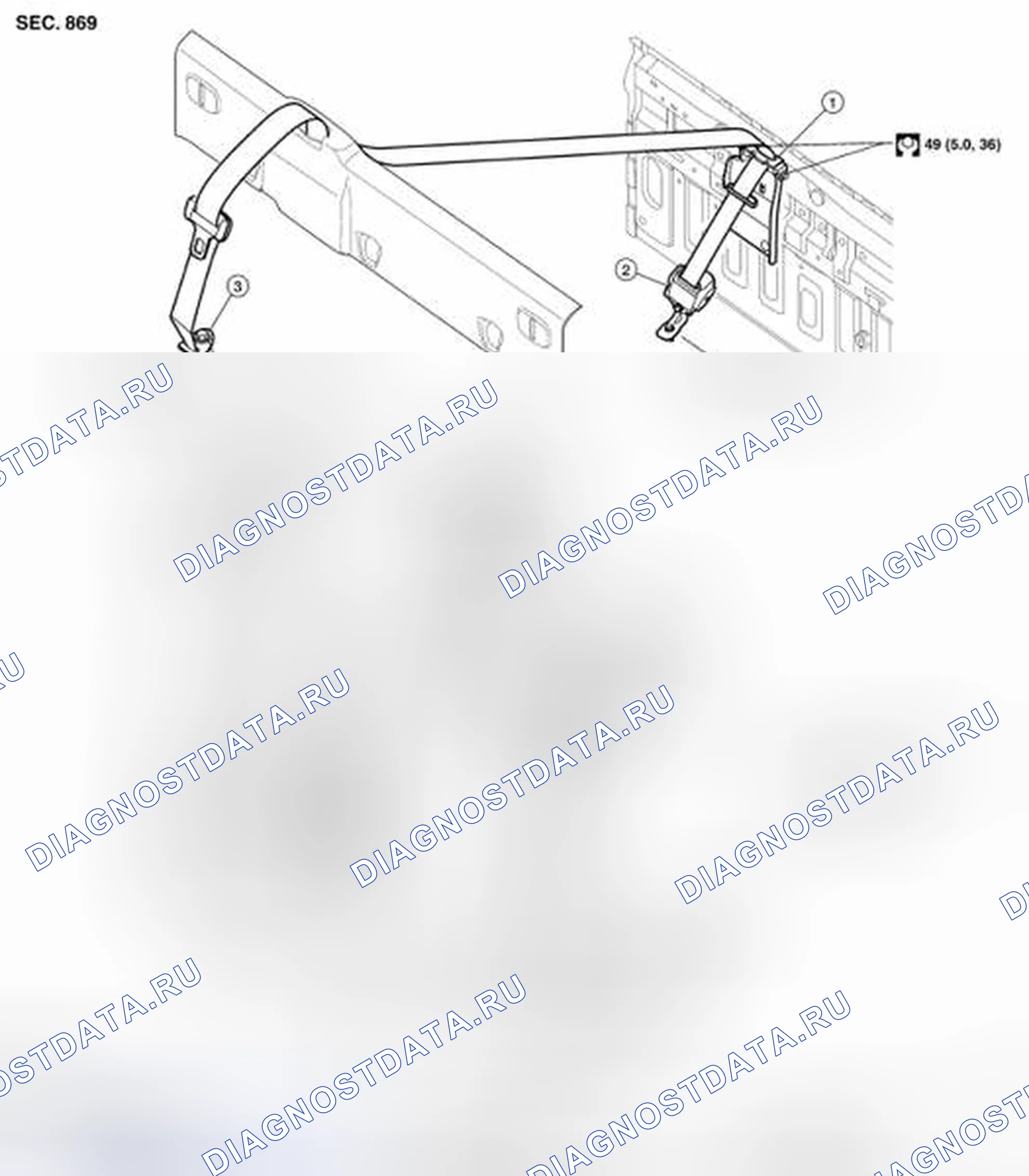 Рис. 6: Снятие / установка заднего ремня безопасности - кабина экипажа. Nissan Frontier D40
