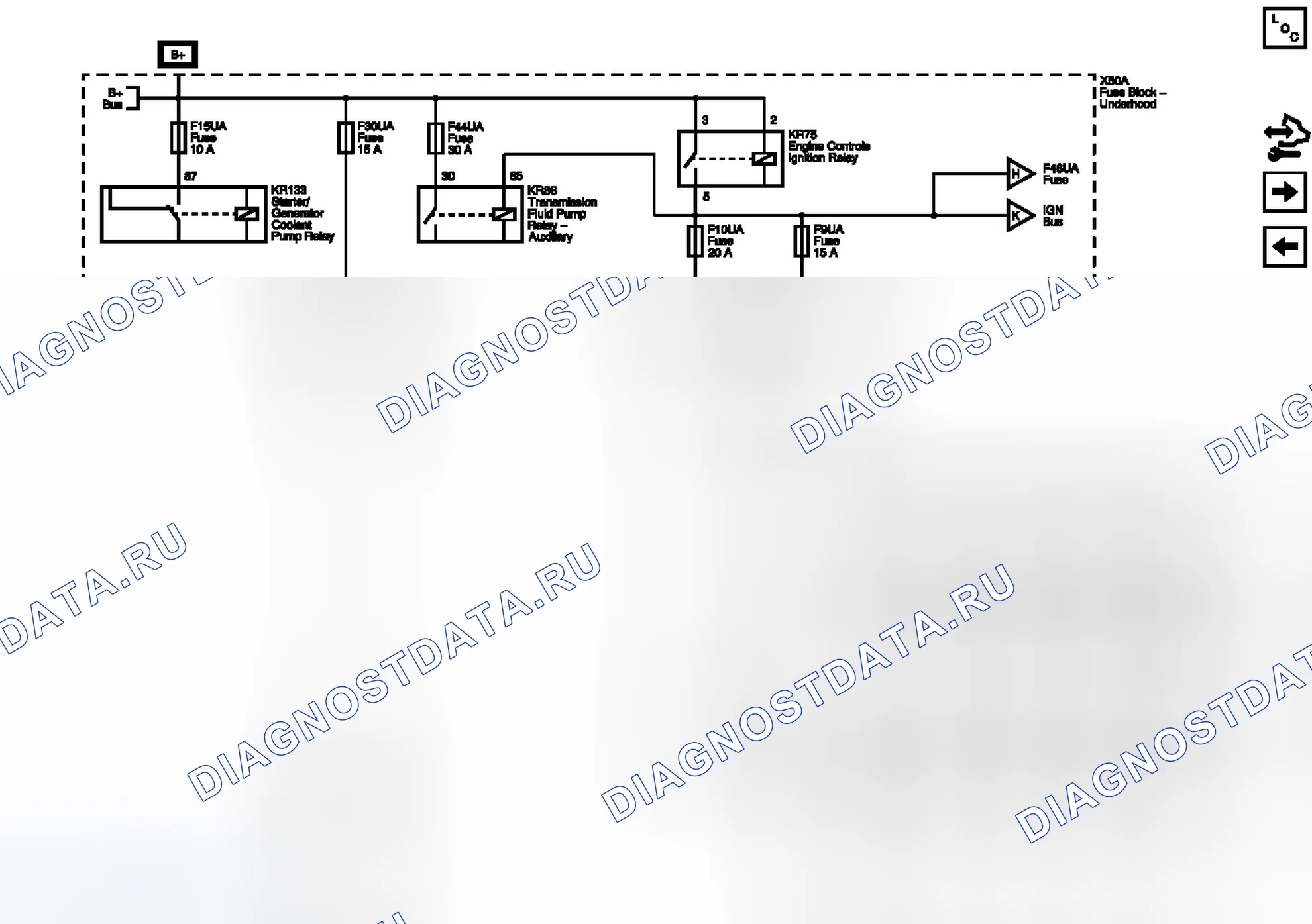 Рис. 28: Предохранители F9UA, F10UA, F15UA, F30UA и F44UA. Buick LaCrosse II