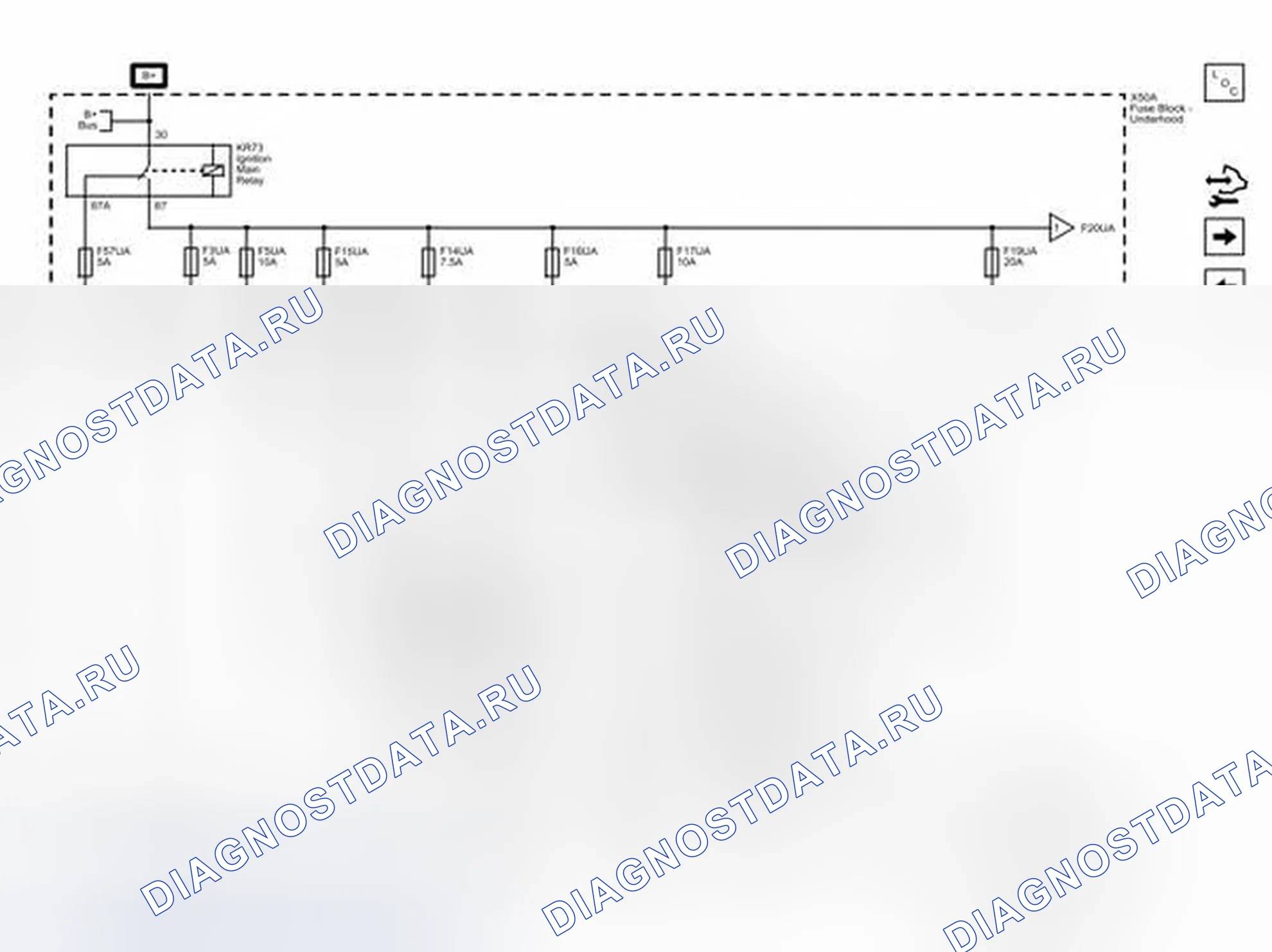 Рис. 77: Предохранители F3UA, F5UA, F14UA, F15UA, F16UA, F17UA, F19UA и F57UA. Cadillac SRX II рестайлинг