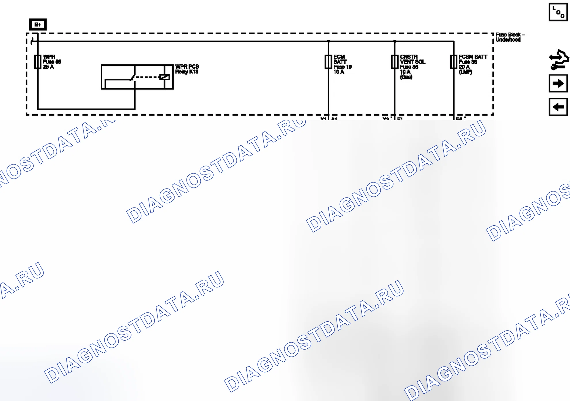 Рис. 154: Предохранители CNSTR VENT SOL, блок управления двигателем BATT, FCSM BATT и WPR. GMC RV Cutaway G3500 