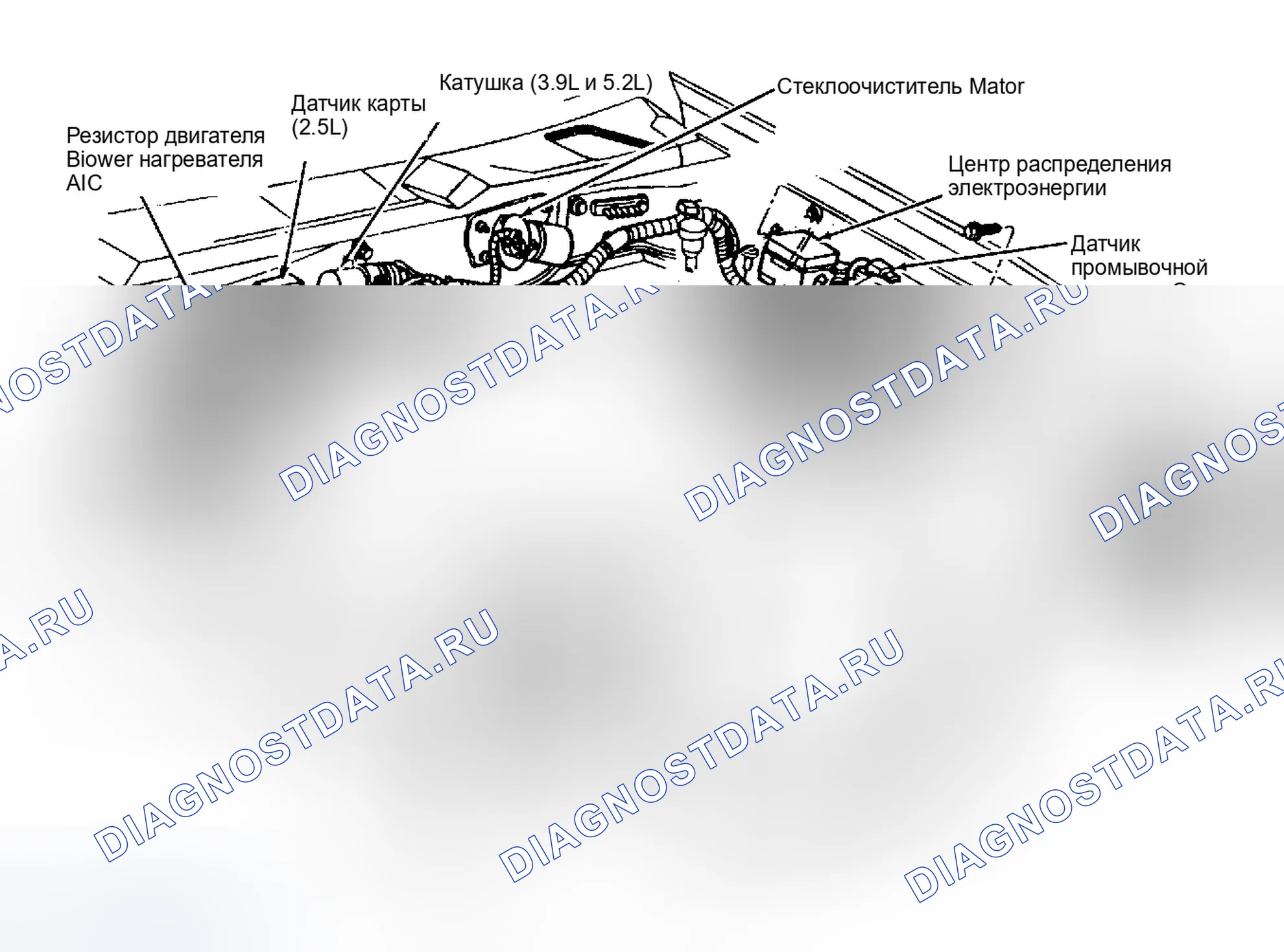 Рис. 2: Расположение компонентов (2 из 8). Dodge Dakota Sport 