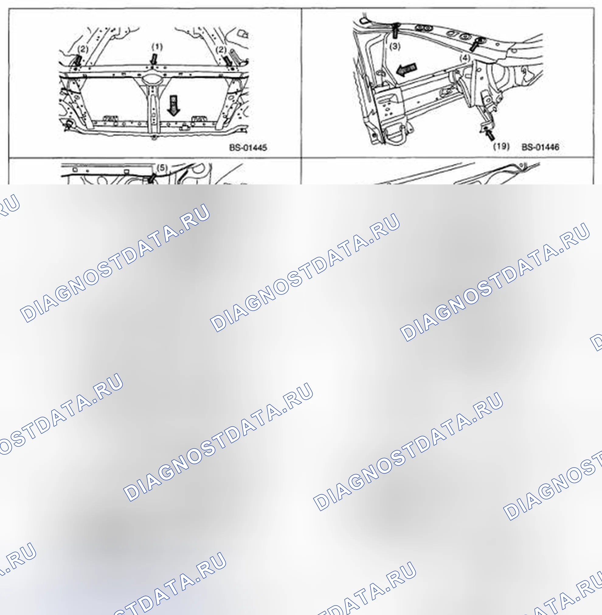 Рис. 75: Определение точек измерения фронтальной структуры. Subaru Outback BP рестайлинг
