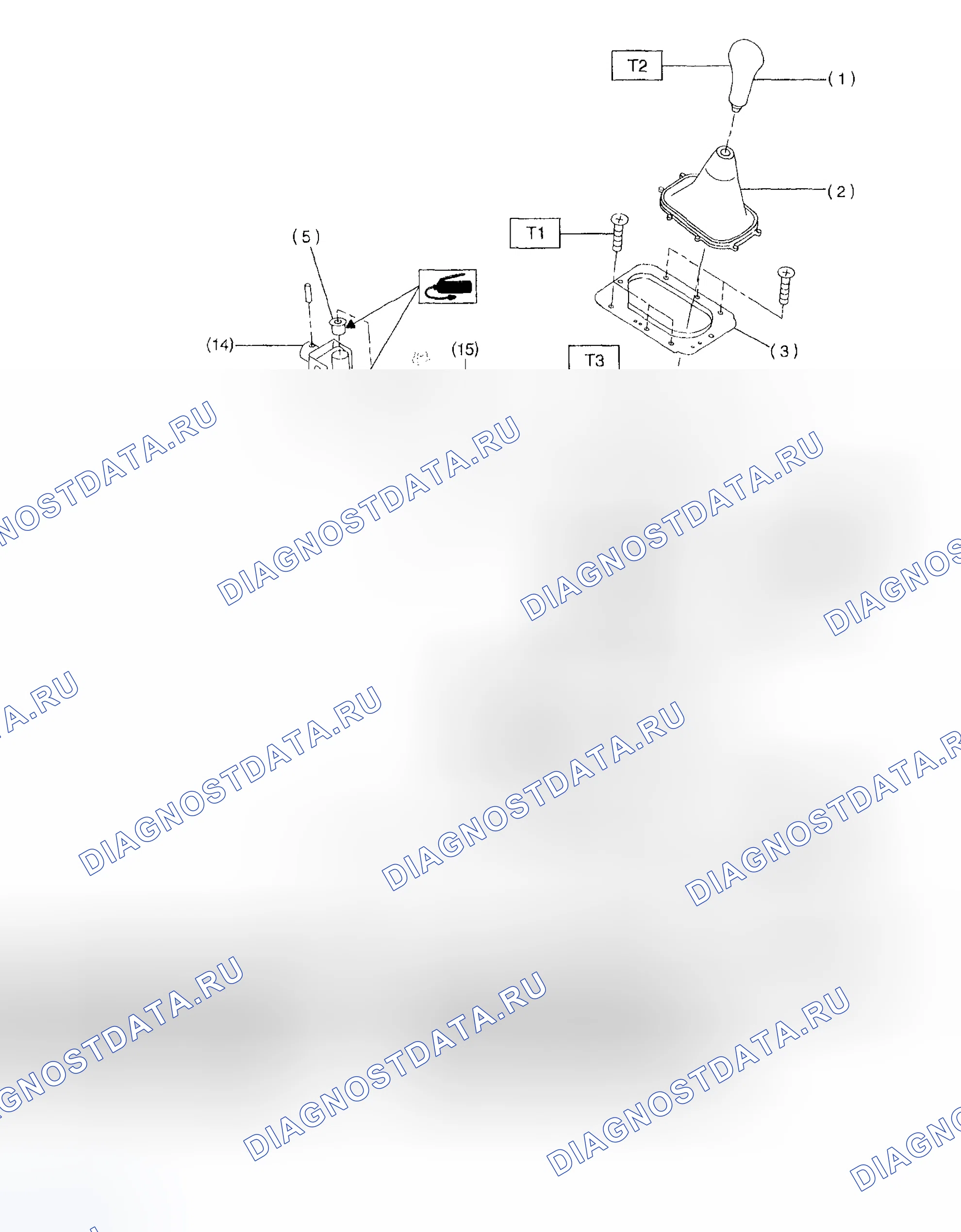 Рис. 484: Идентификация компонентов рычага выбора Mt. Subaru Impreza GD/GC/GG