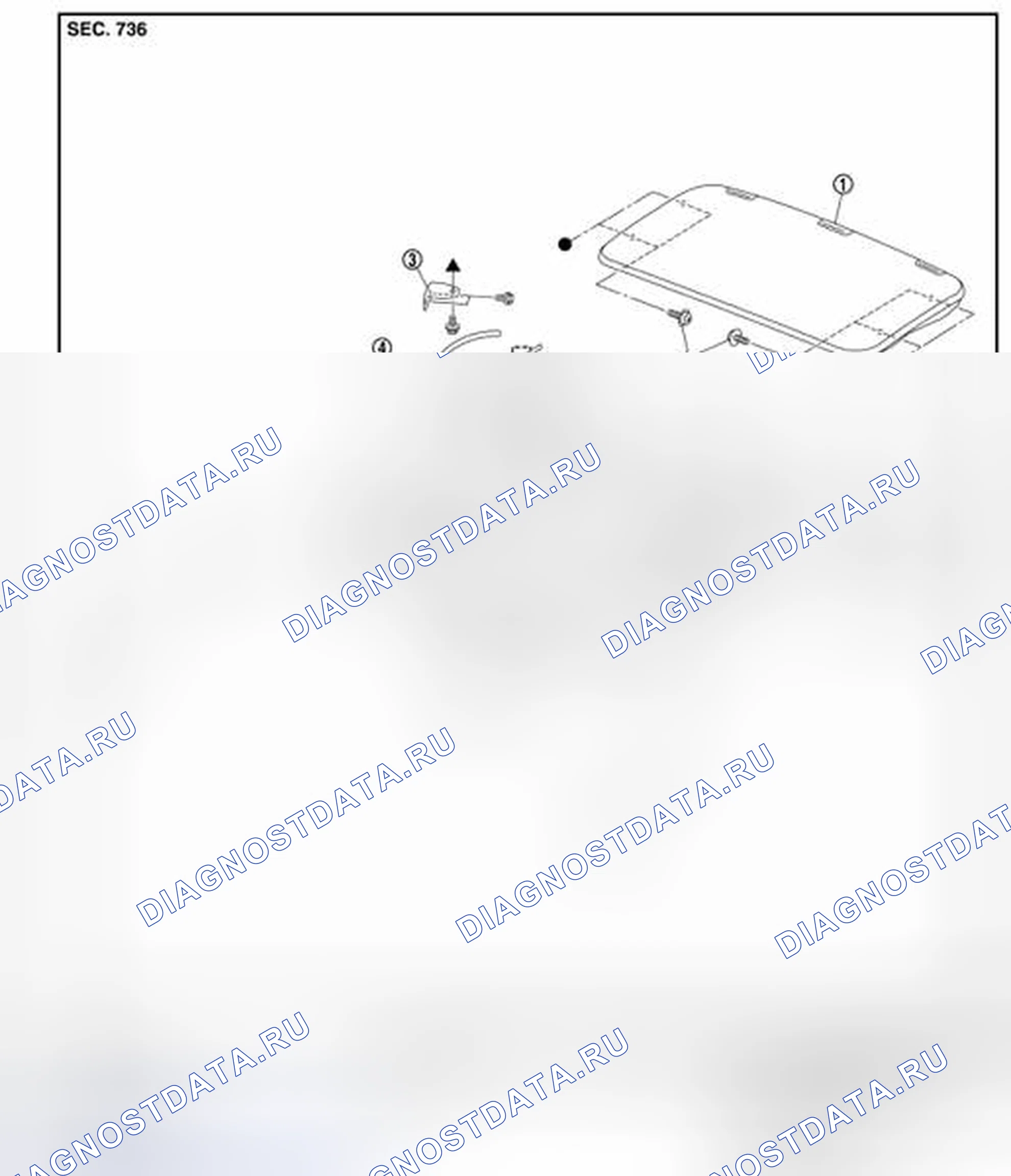 Рис. 174: ПЕРЕДНИЙ ЛЮК В КРЫШЕ: разнесенный вид. Nissan Quest IV