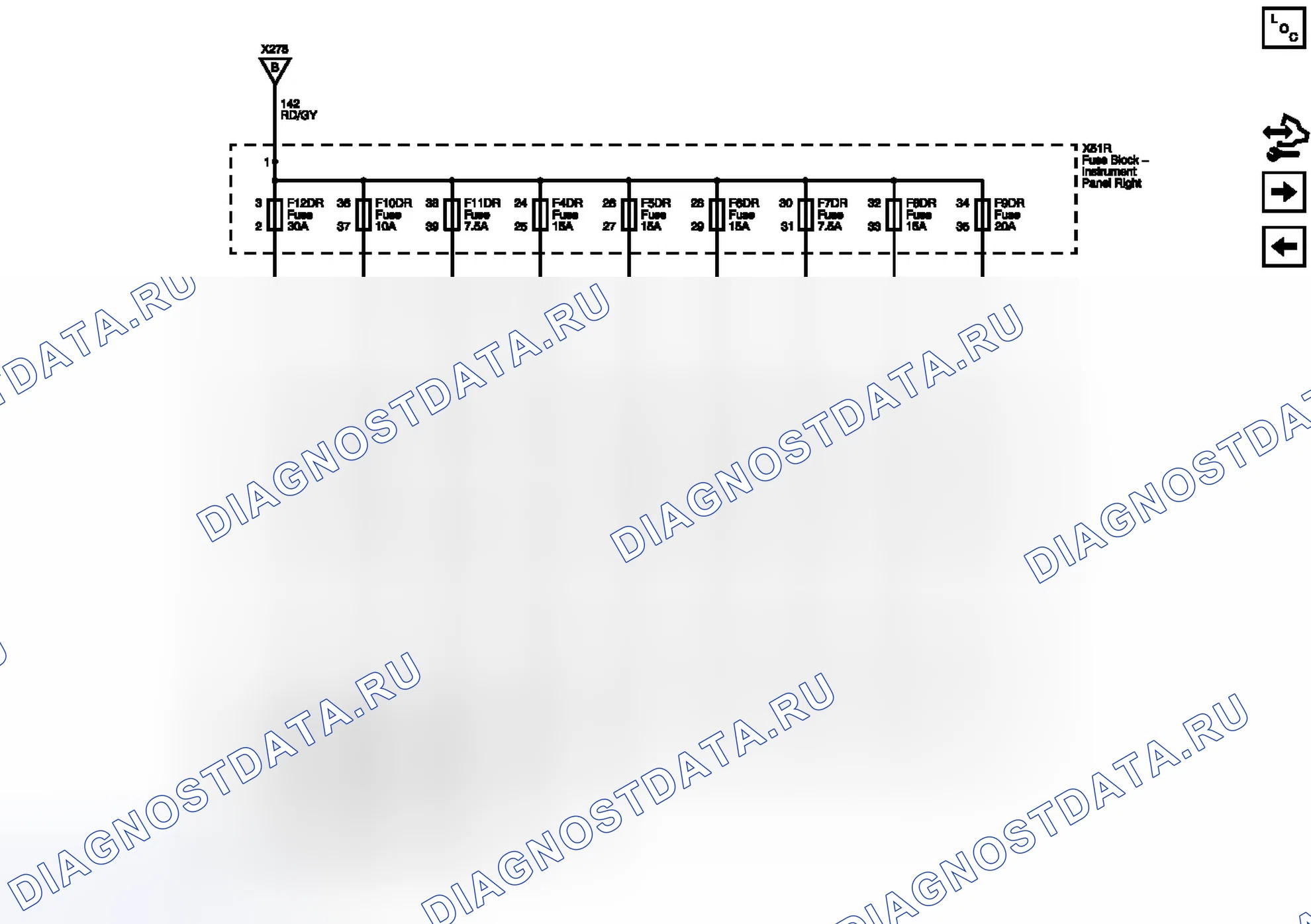 Рис. 178: Схемы подключения предохранителей F4dr, F5dr, F6dr, F7dr, F8dr, F9dr, F10DR, F11DR и F12DR. Chevrolet Volt I