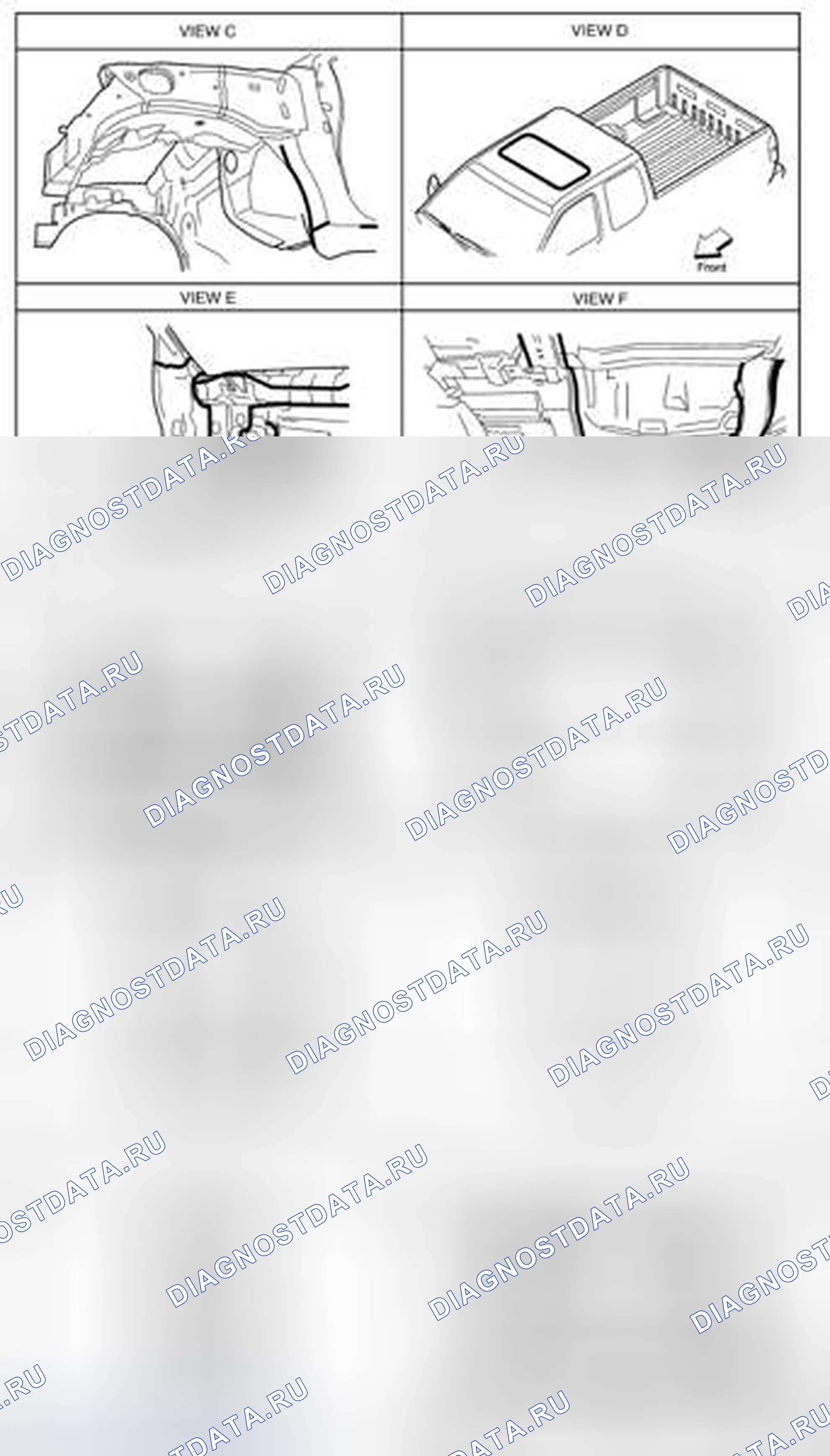 Рис. 4: Идентификация зон уплотнения корпуса (2 из 2). Nissan Frontier D40