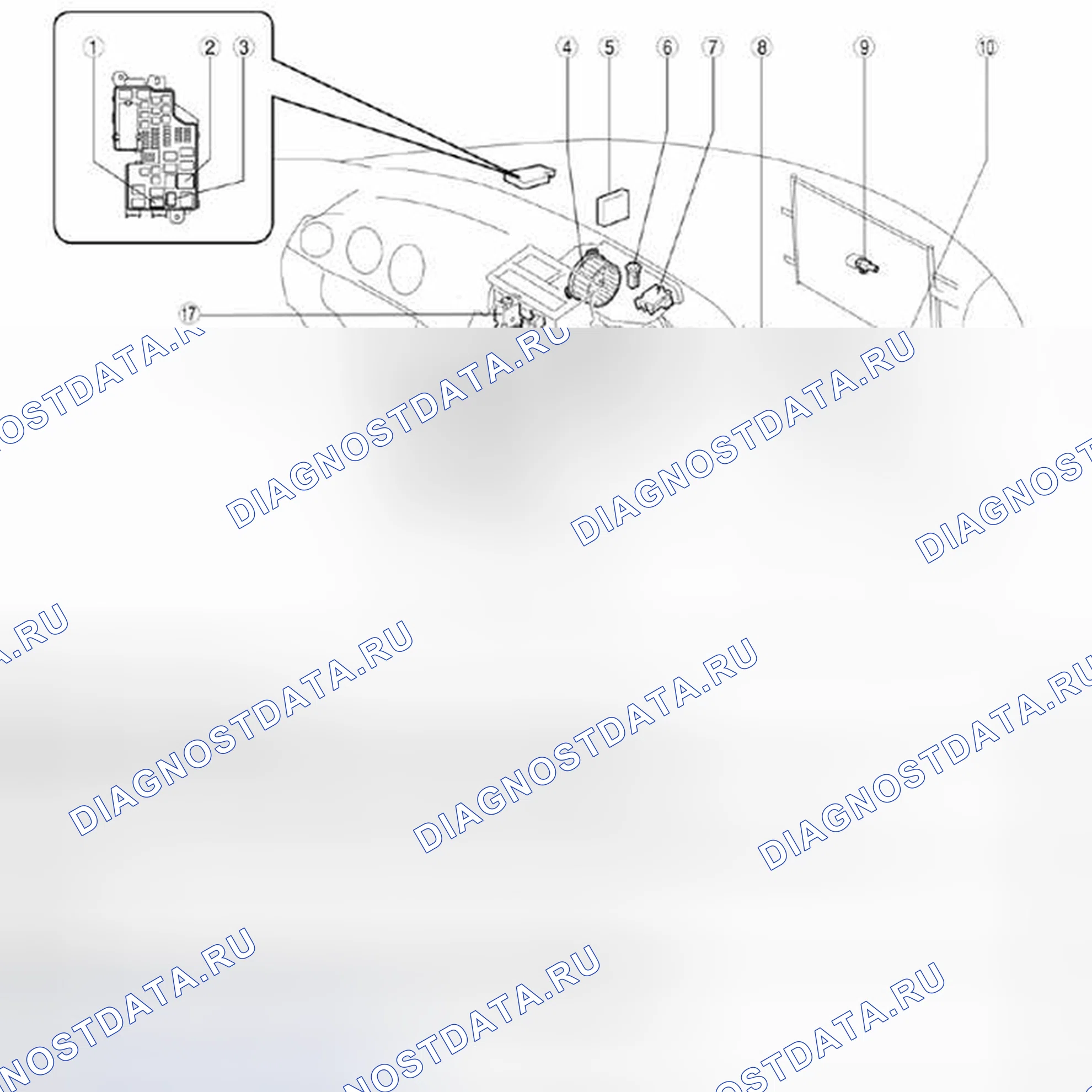 Рис. 1: Размещение компонентов системы управления ОВКВ (1 из 2). Mazda 3 BL рестайлинг