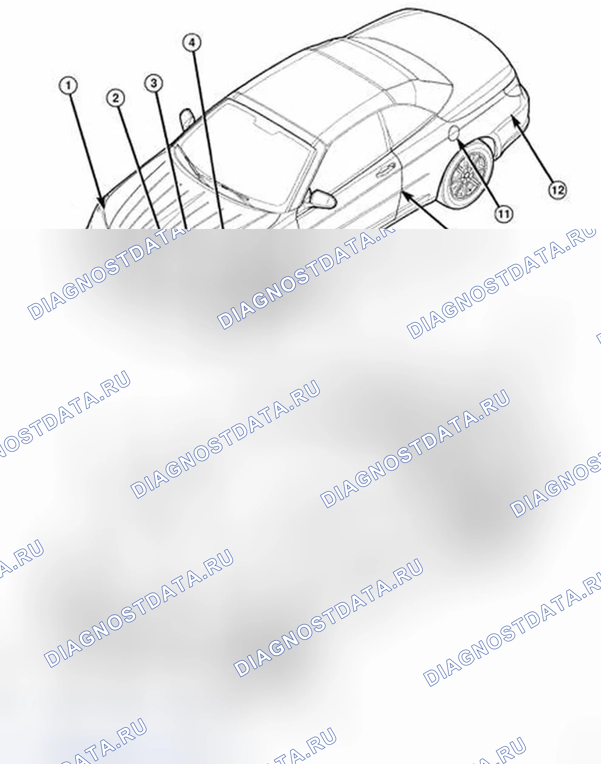 Рис. 229: ИЗМЕРЕНИЯ ЗАЗОРА И СМЫВА КУЗОВА - складной. Dodge Avenger II