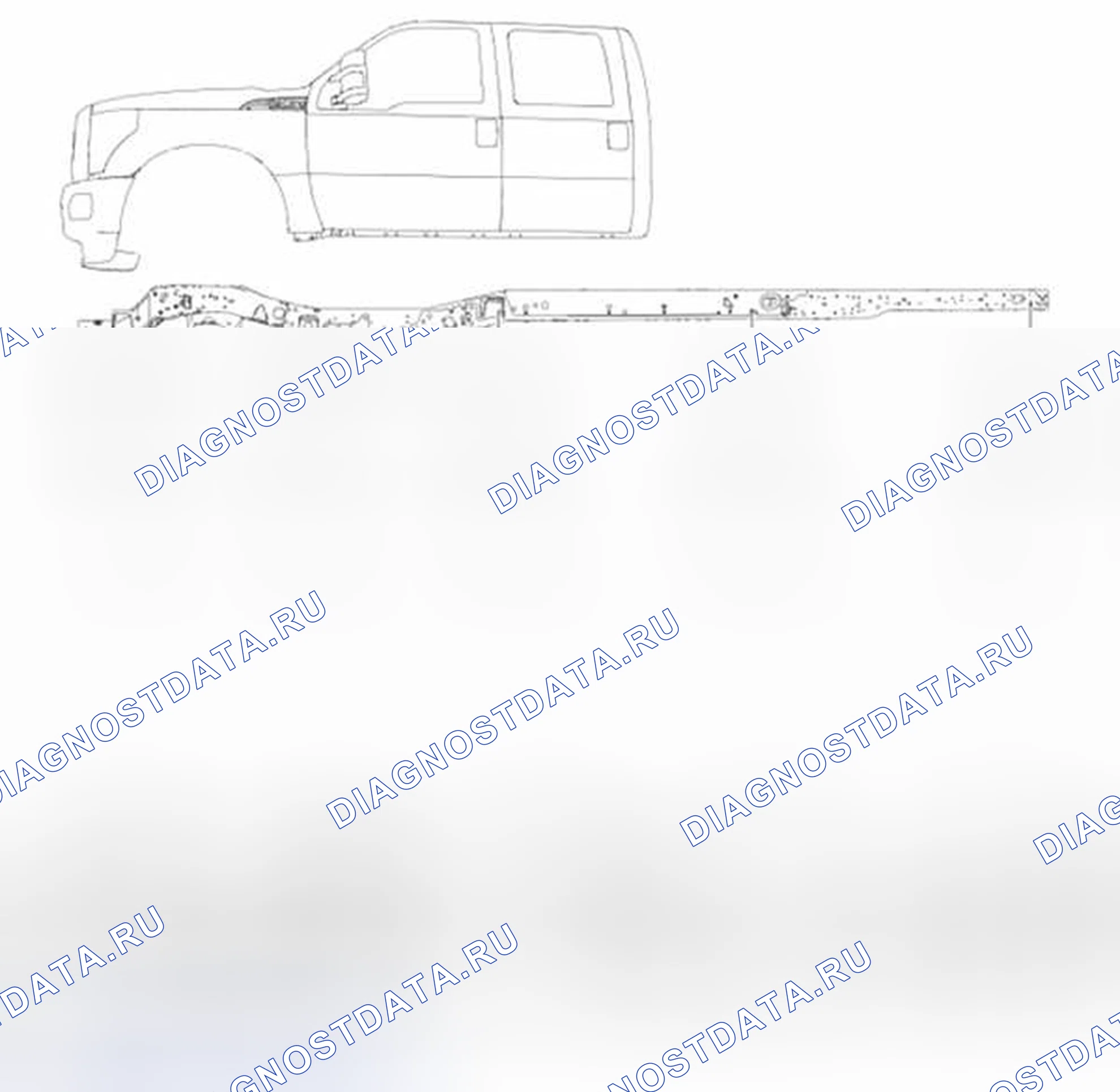 Рис. 114: Базовая высота рамы - колесная база 5105 мм (201 дюйм), кабина шасси. Ford Pickup F250 Super Duty II