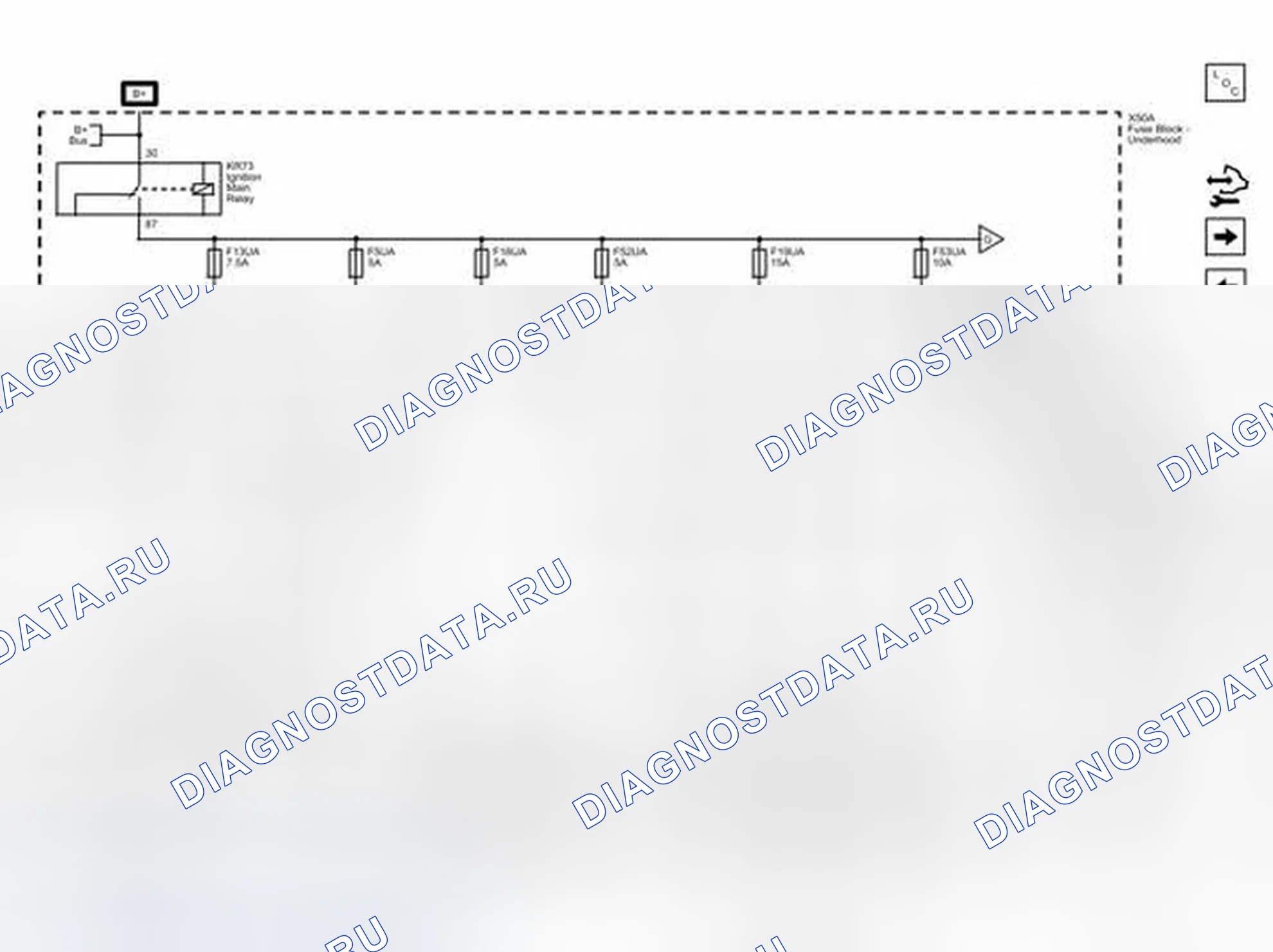 Рис. 33: F5UA, F13UA, F16UA, F17UA, F19UA, F52UA и плавкие предохранители F53UA. Buick LaCrosse II рестайлинг