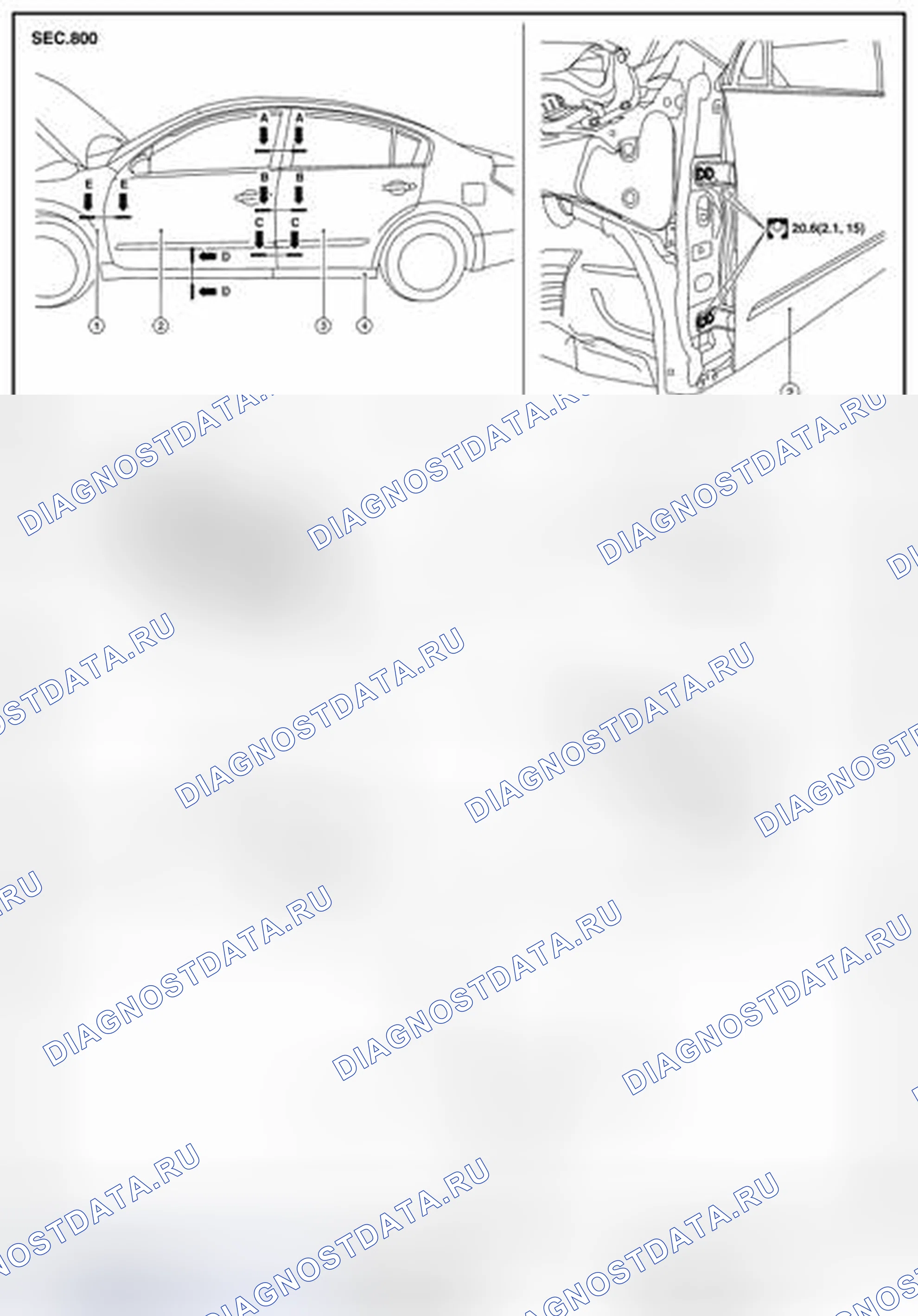 Рис. 57: ДВЕРЬ В СБОРЕ: Регулировка. Nissan Altima L33