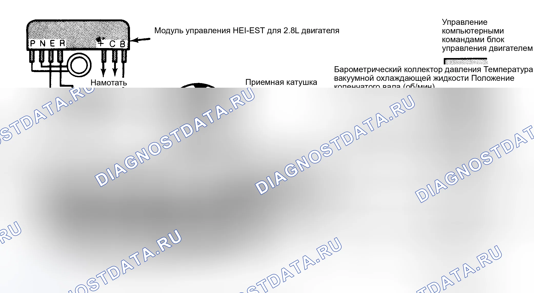 Рис. 13: Схема системы зажигания HEI-EST. Верхний левый угол иллюстрации показывает фактическую форму модуля HEI-EST.. Chevrolet Suburban C10 