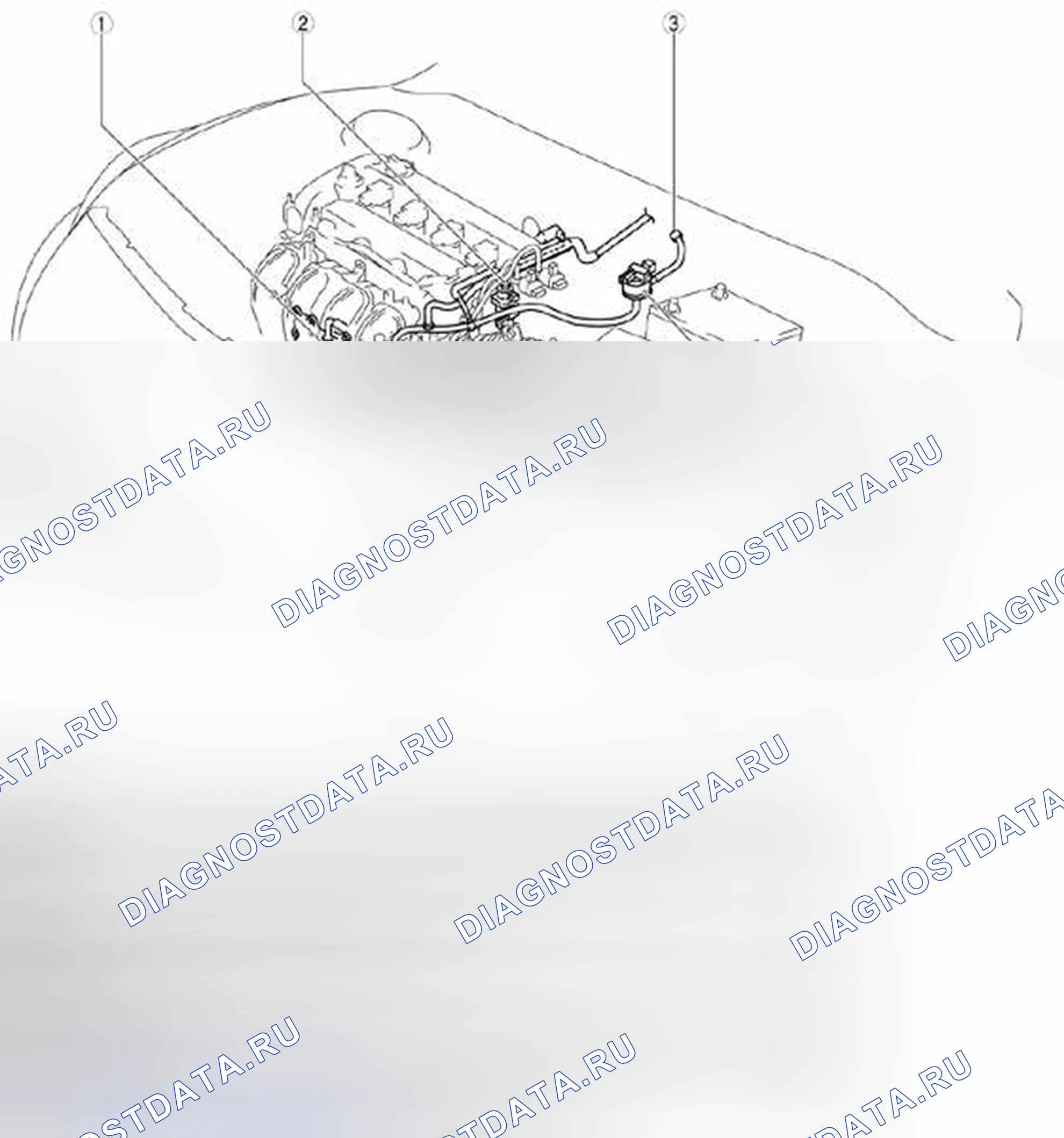 Рис. 1: Расположение компонентов системы выбросов - сторона моторного отсека. Mazda 3 BL рестайлинг