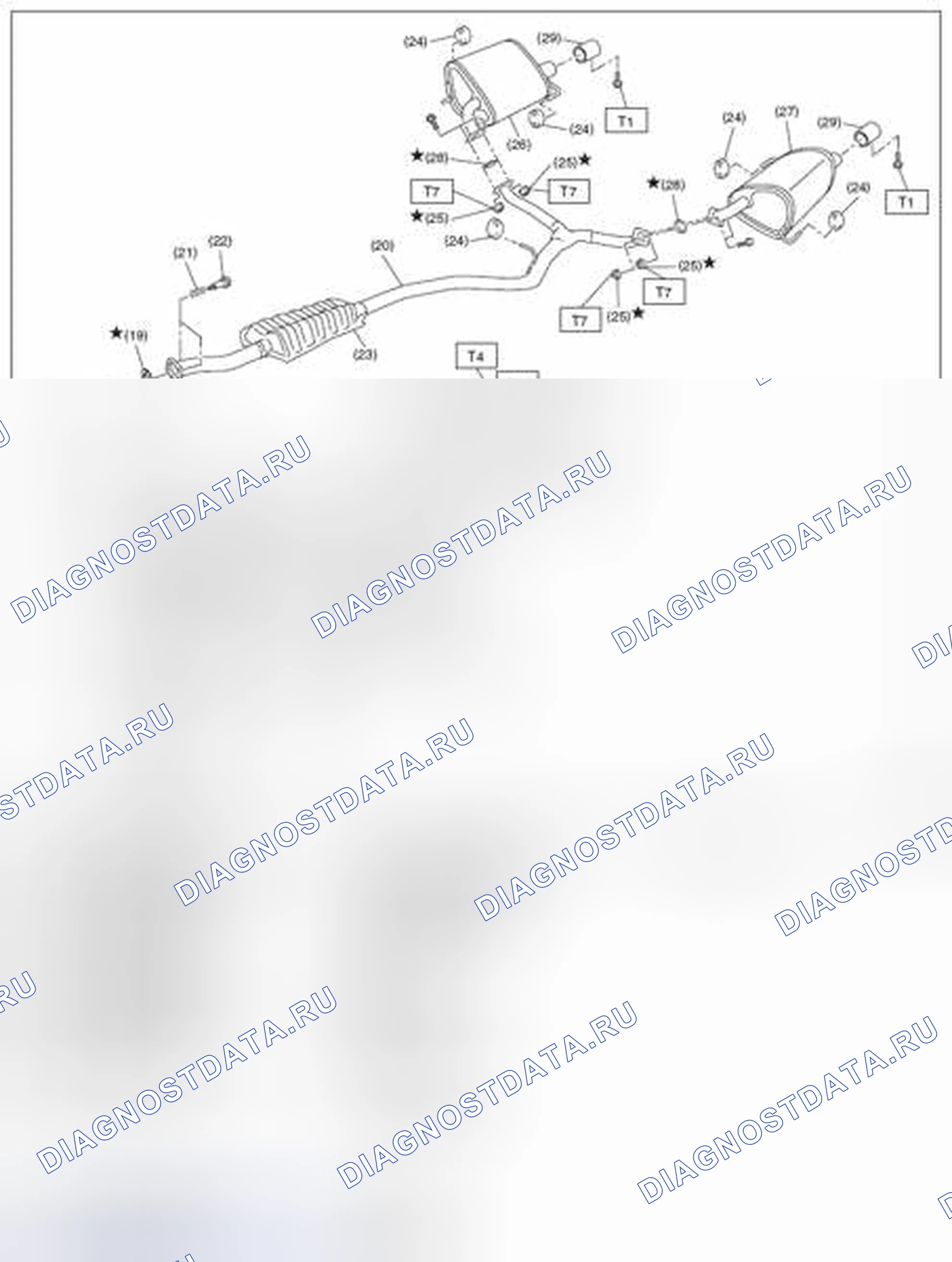 Рис. 19: ЦЕНТРАЛЬНАЯ И ЗАДНЯЯ ВЫХЛОПНАЯ ТРУБА И ГЛУШИТЕЛЬ. Subaru Forester SJ