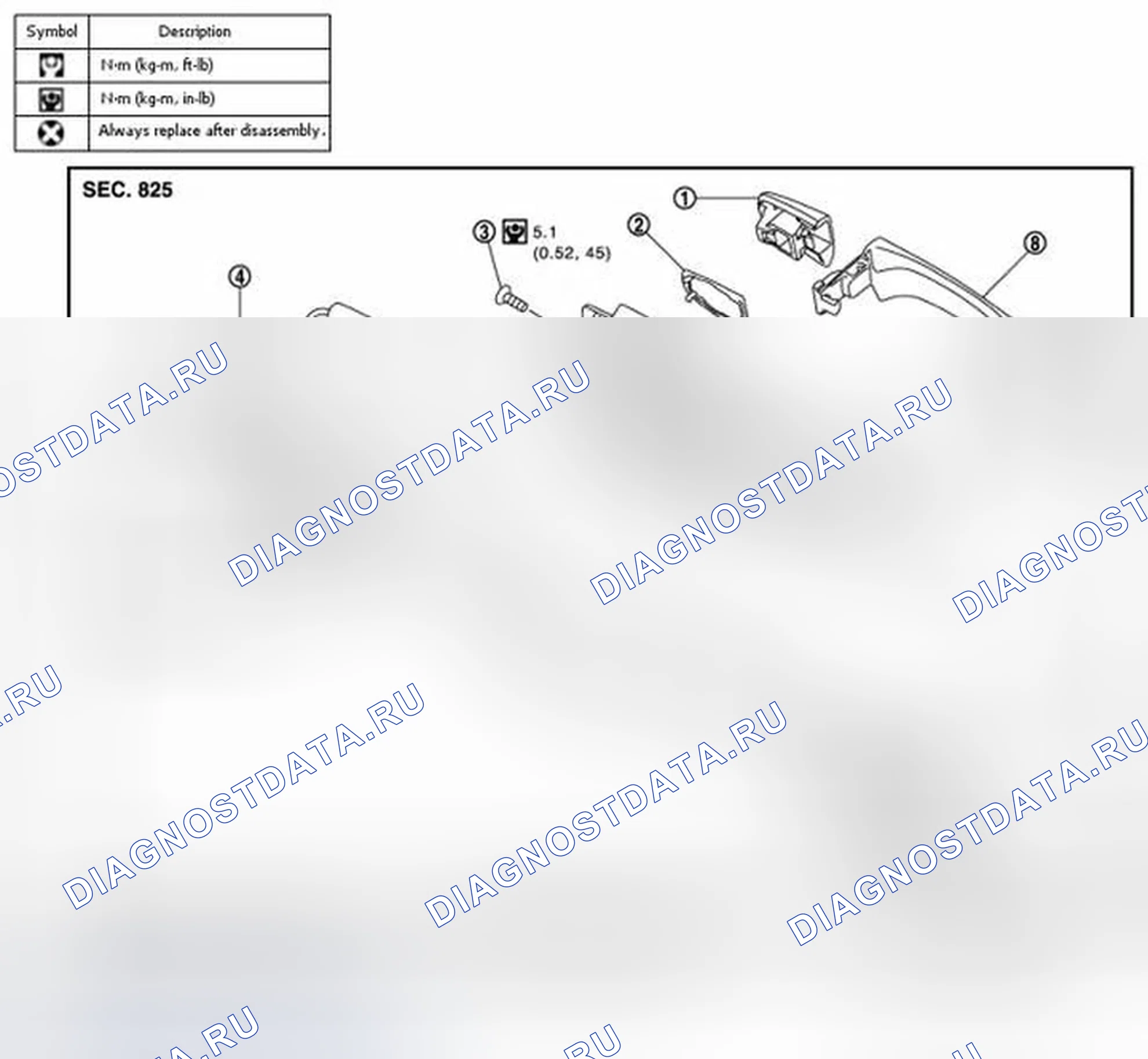 Рис. 91: ВНУТРЕННЯЯ РУЧКА. Вид в разобранном виде. Infiniti FX35 II