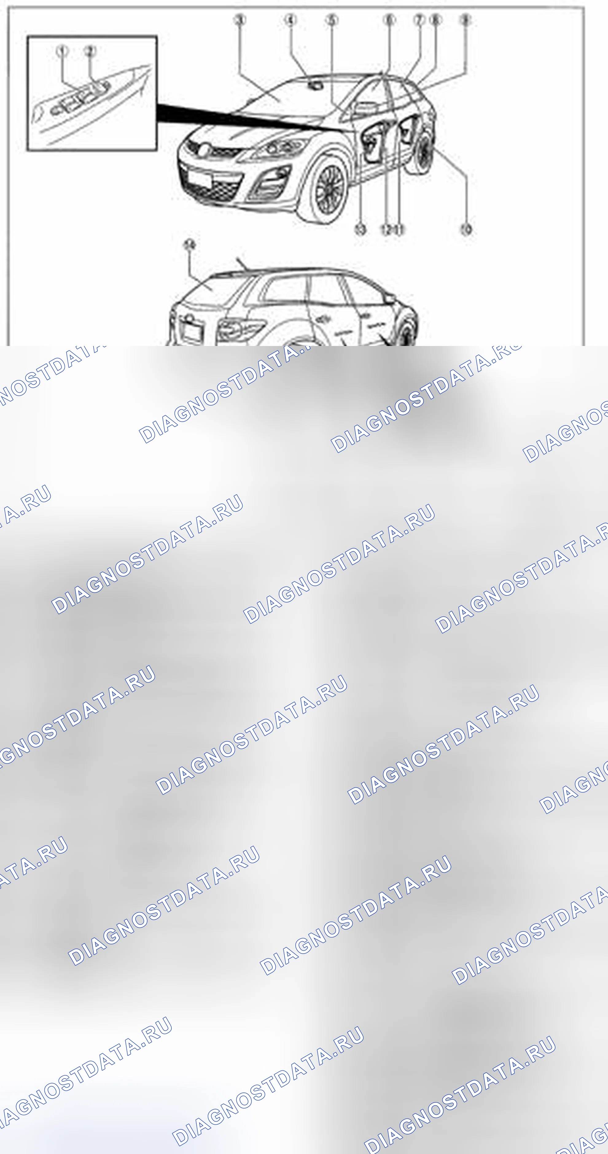 Рис. 1: ИНДЕКС РАСПОЛОЖЕНИЯ СТЕКЛА / ОКОН / ЗЕРКАЛ. Mazda CX-7 I рестайлинг