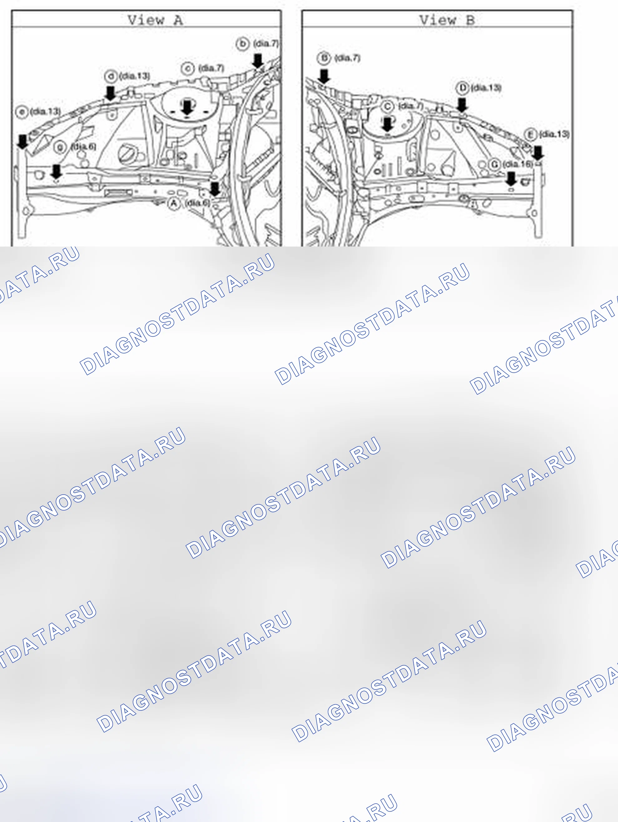 Рис. 282: Точки измерения. Nissan Altima L32 рестайлинг