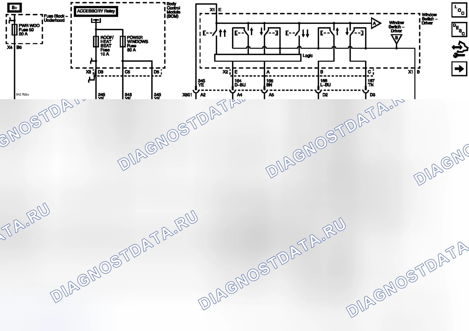 Рис. 1: Схемы подключения питания, заземления и передних окон (AXG). Chevrolet Malibu VIII