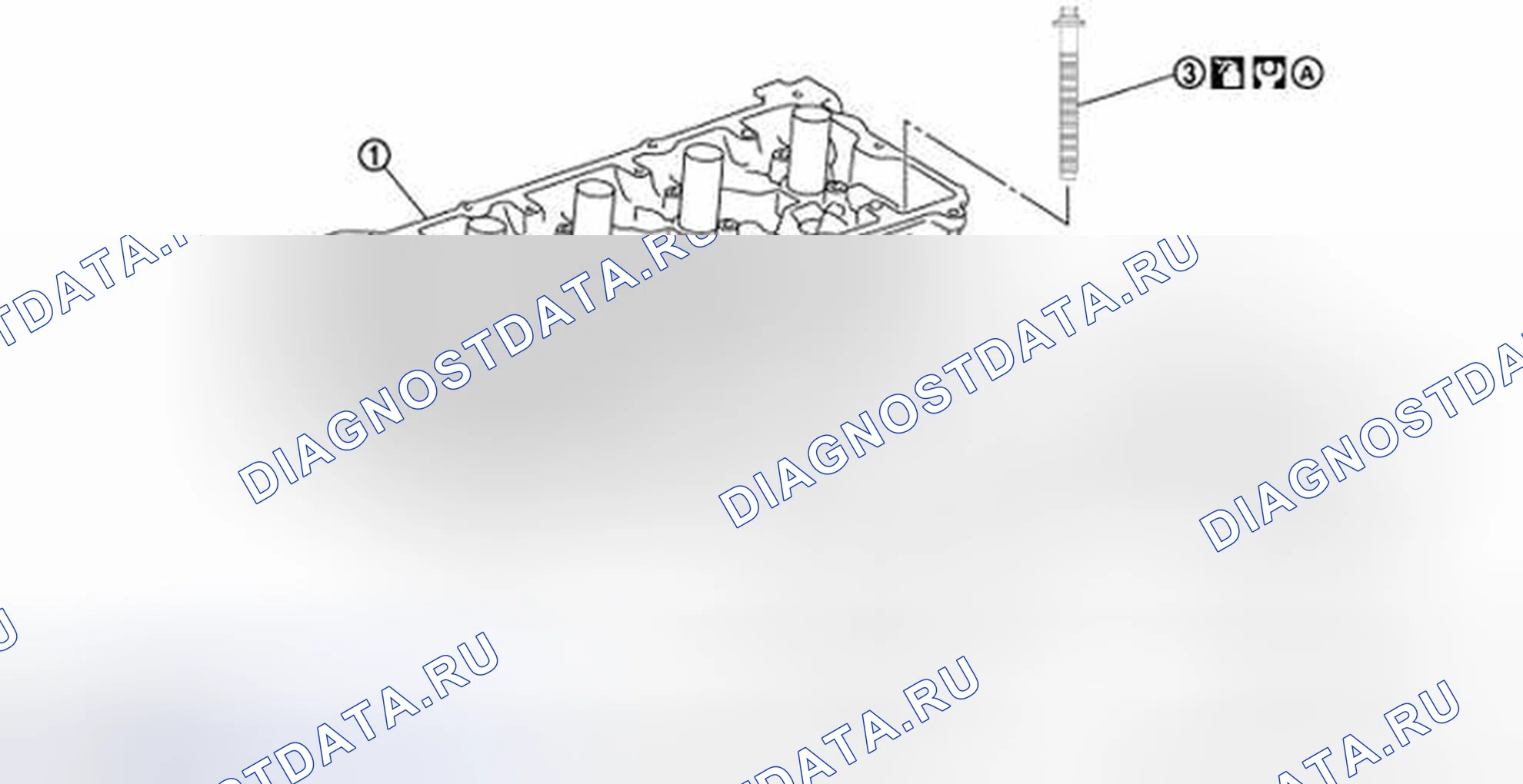 Рис. 119: Идентификация головки цилиндров в сборе, болтов головки цилиндров и прокладки головки цилиндров. Nissan Sentra B16