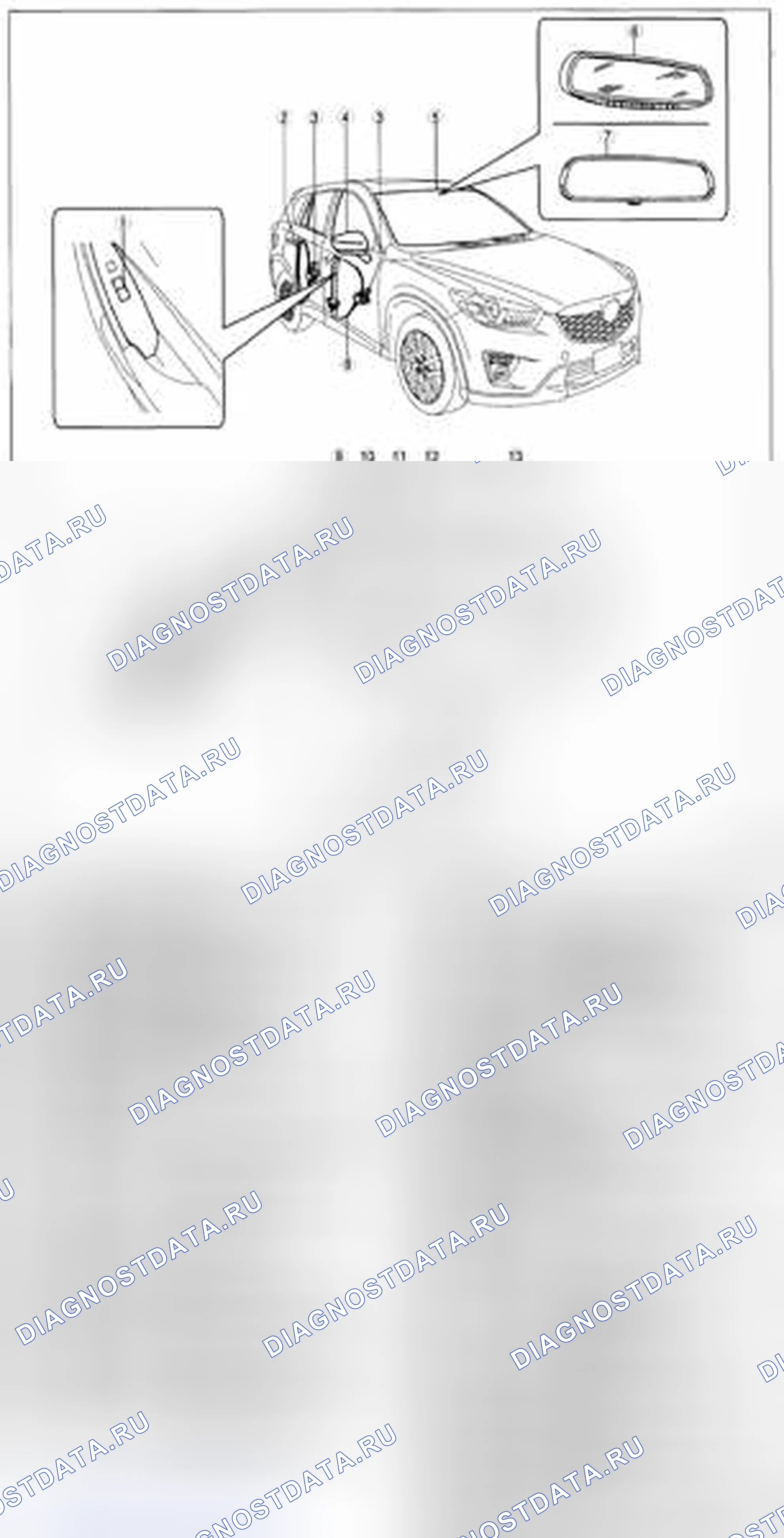 Рис. 1: Идентификация компонентов стекла / окон / зеркал. Mazda CX-5 I
