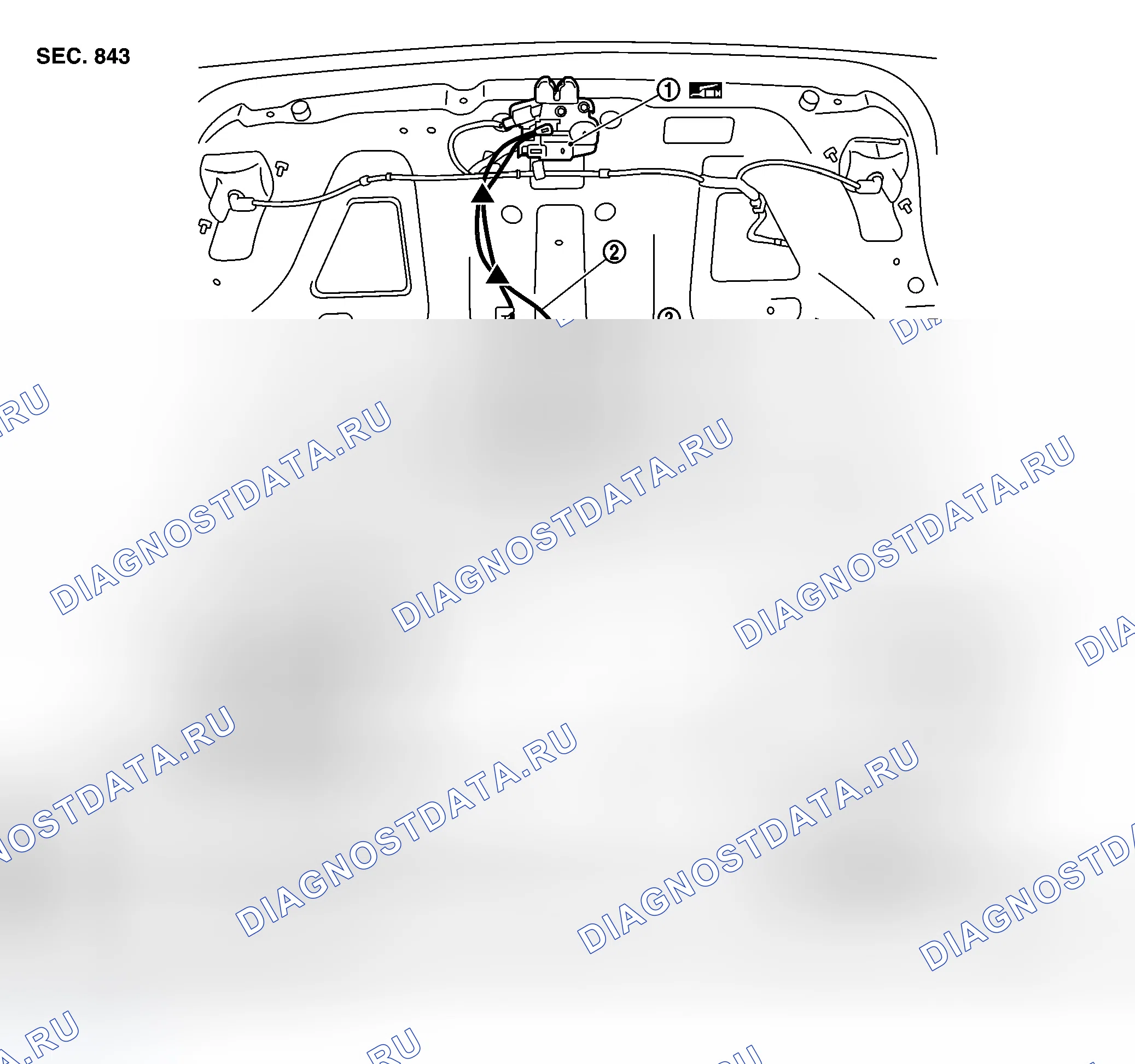 Рис. 659: Снятие и установка крышки багажника кабеля аварийного открывания. Infiniti G35 III