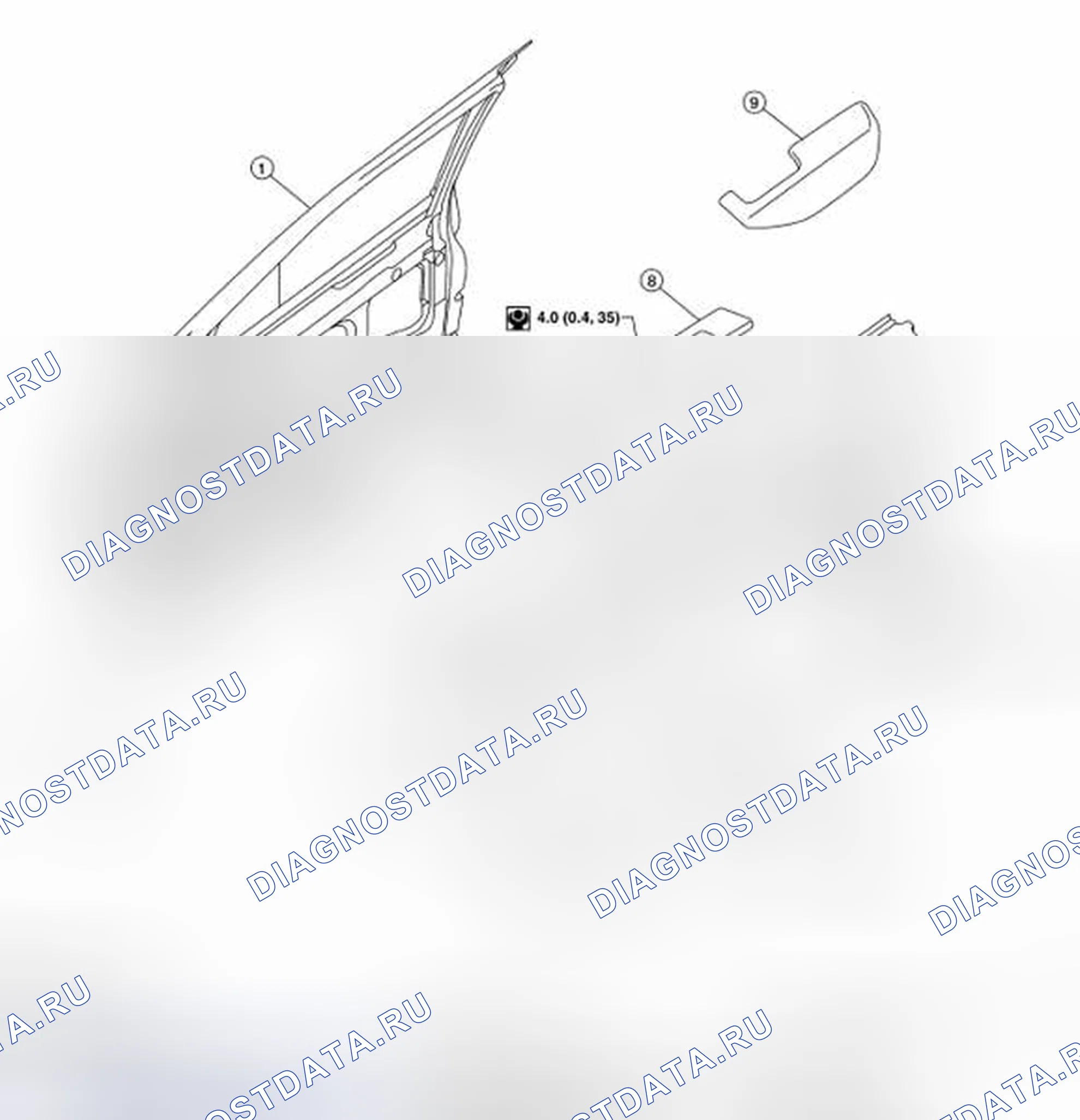 Рис. 14: Идентификация компонентов финишера передней двери. Nissan Frontier D40