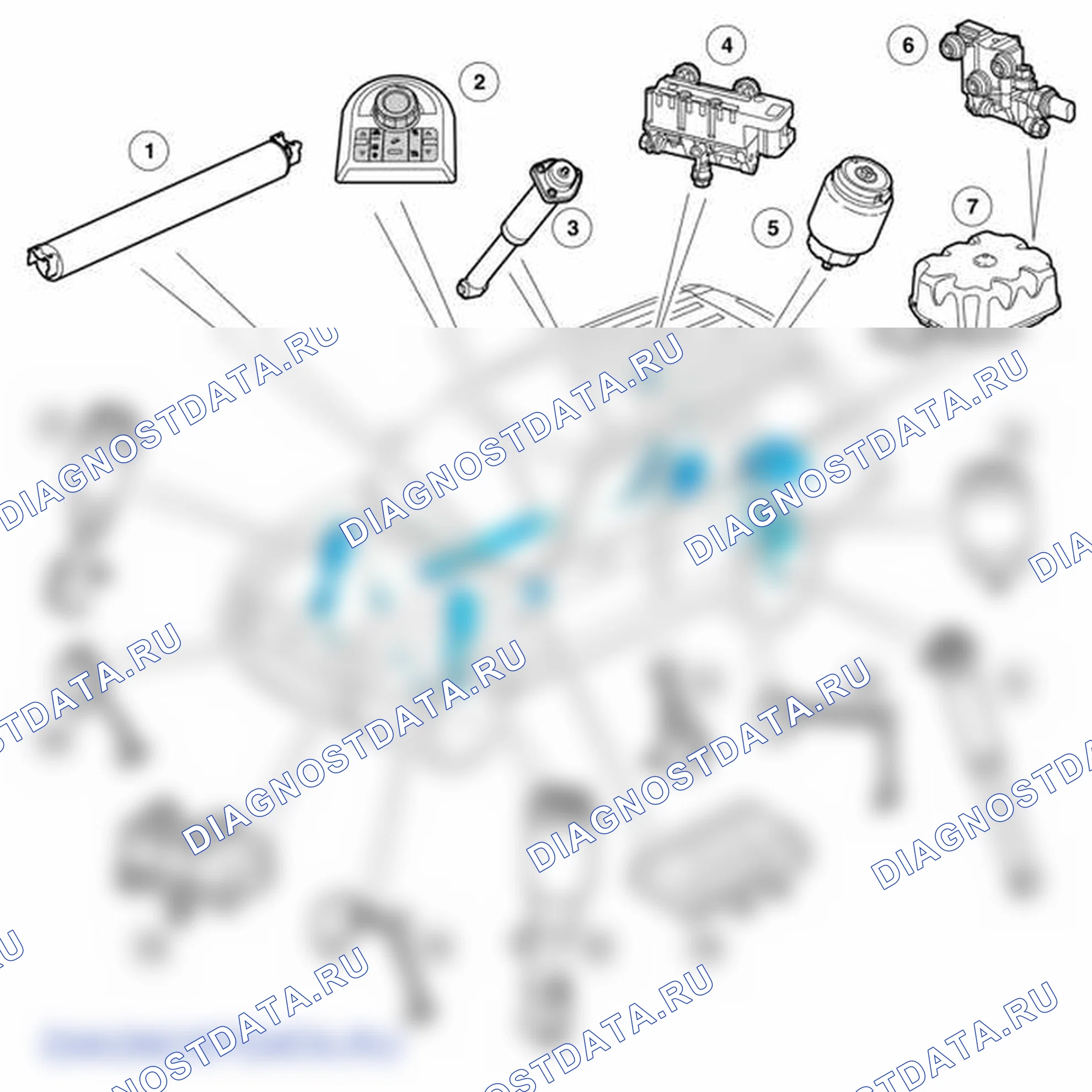 Рис. 4: РАСПОЛОЖЕНИЕ КОМПОНЕНТОВ ПНЕВМАТИЧЕСКОЙ ПОДВЕСКИ. Land Rover Range Rover L322