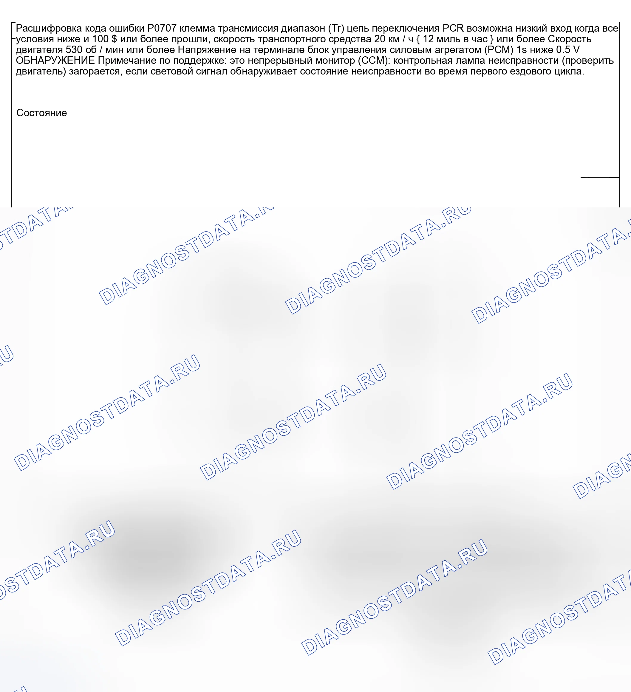 Рис. 78: расшифровка кода ошибки P0707: ЦЕПЬ ПЕРЕКЛЮЧАТЕЛЯ ДИАПАЗОНА ПЕРЕДАЧИ (Tr) НИЗКИЙ ВХОД. Honda CR-V III рестайлинг
