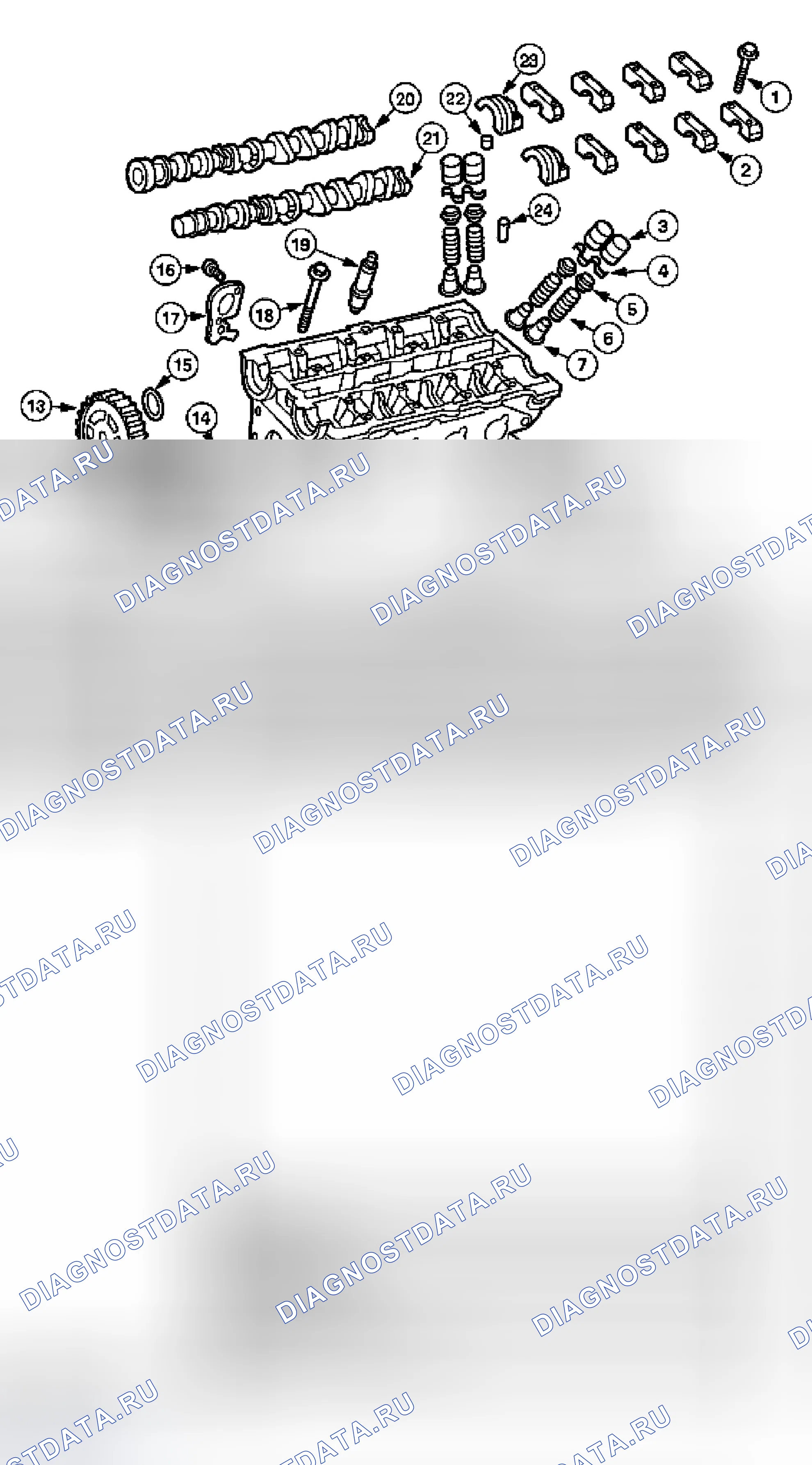 Рис. 519: Компоненты головки цилиндров. Ford Escape I