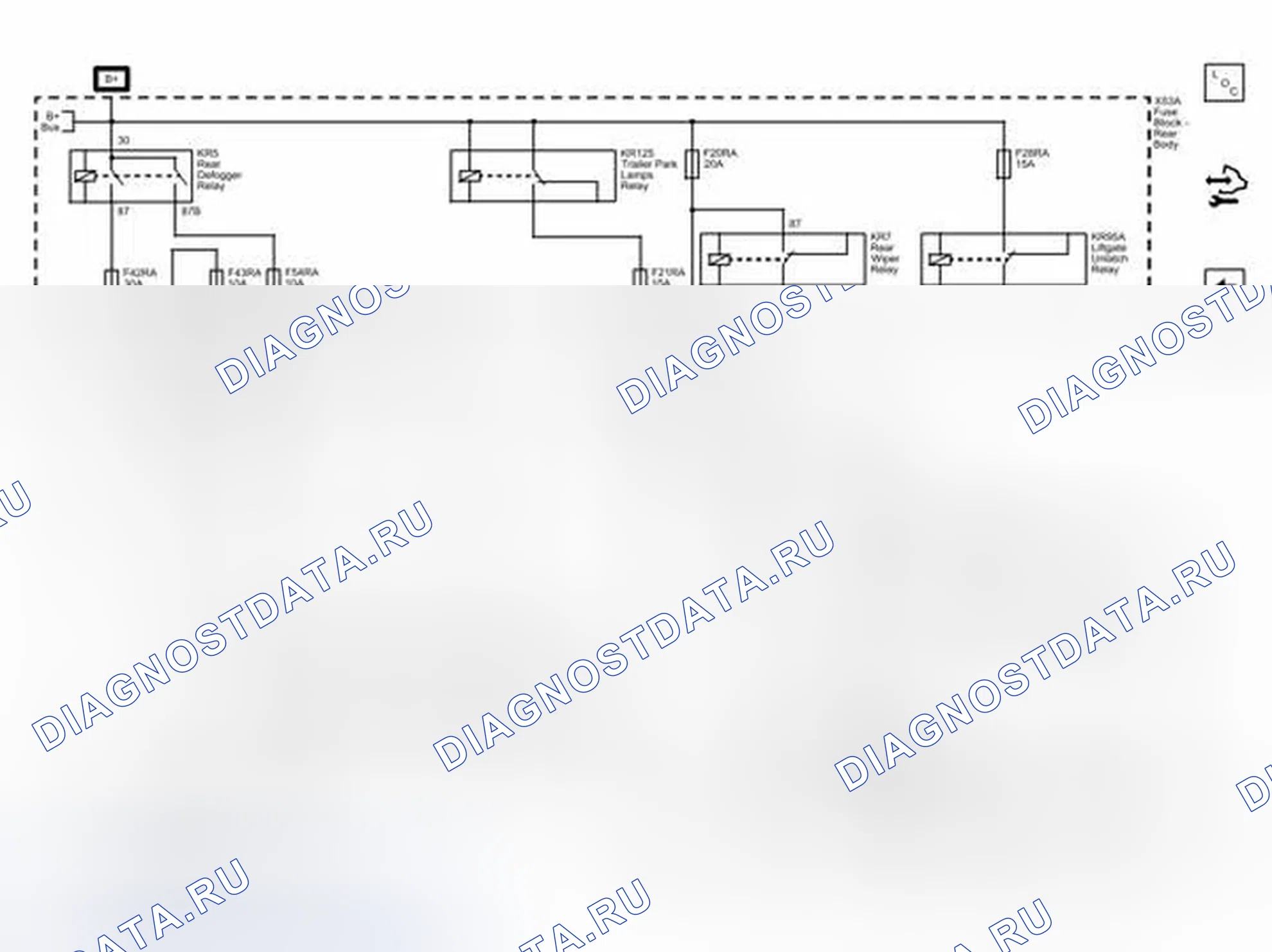 Рис. 89: Предохранители F20RA, F21RA, F28RA, F42RA, F43RA и F54RA. Cadillac SRX II рестайлинг