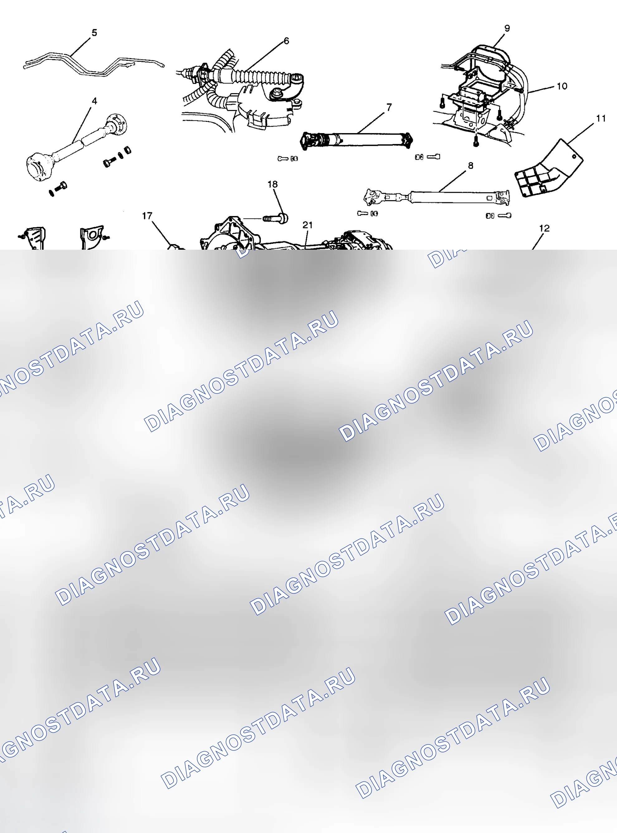 Рис. 130: Трансмиссия и связанные детали. Isuzu Axiom I