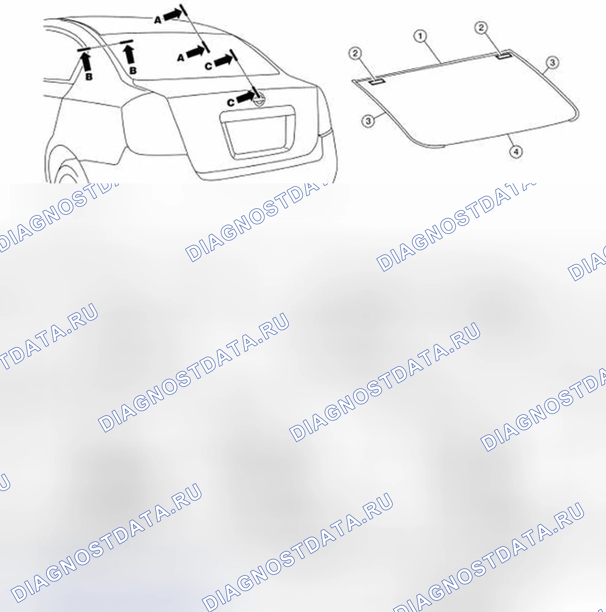 Рис. 38: Определение размера заднего стекла и формовки. Nissan Sentra B16