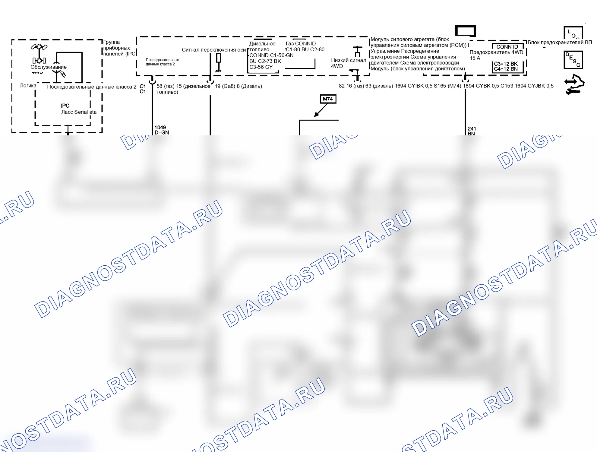 Рис. 1: Схема управления раздаточной коробкой. GMC Cab & Chassis Sierra 3500 