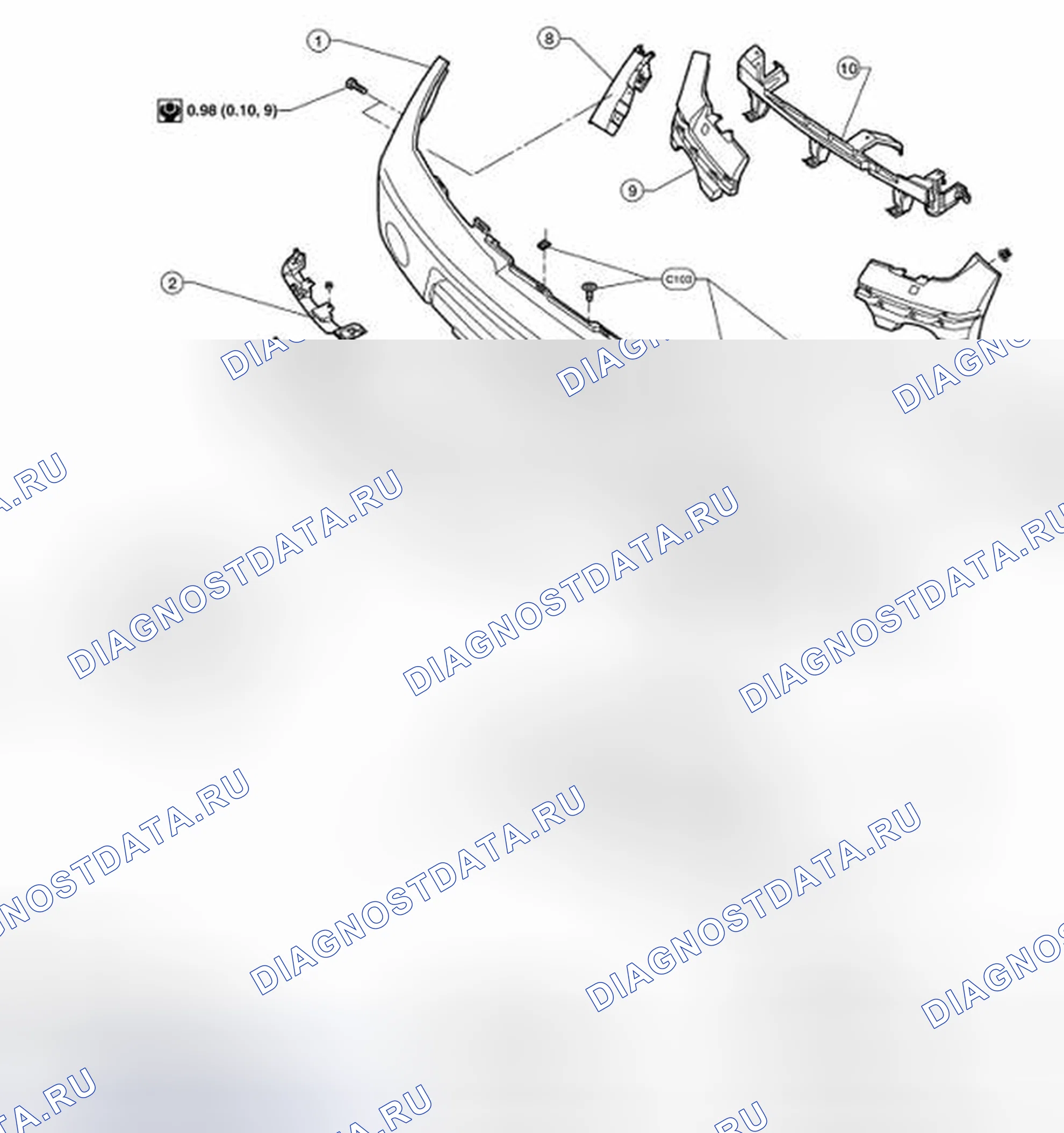 Рис. 1: Разнесенный вид компонентов переднего пластикового бампера. Nissan Frontier D40