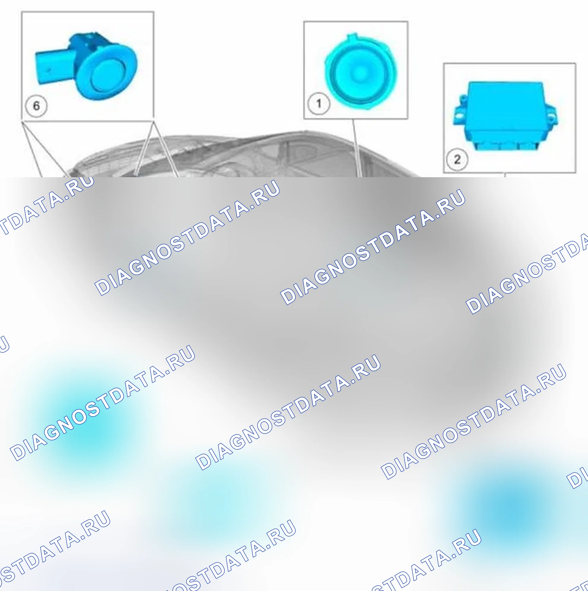 Рис. 1: Звуковая система помощи при парковке - расположение компонентов. Ford C-MAX II