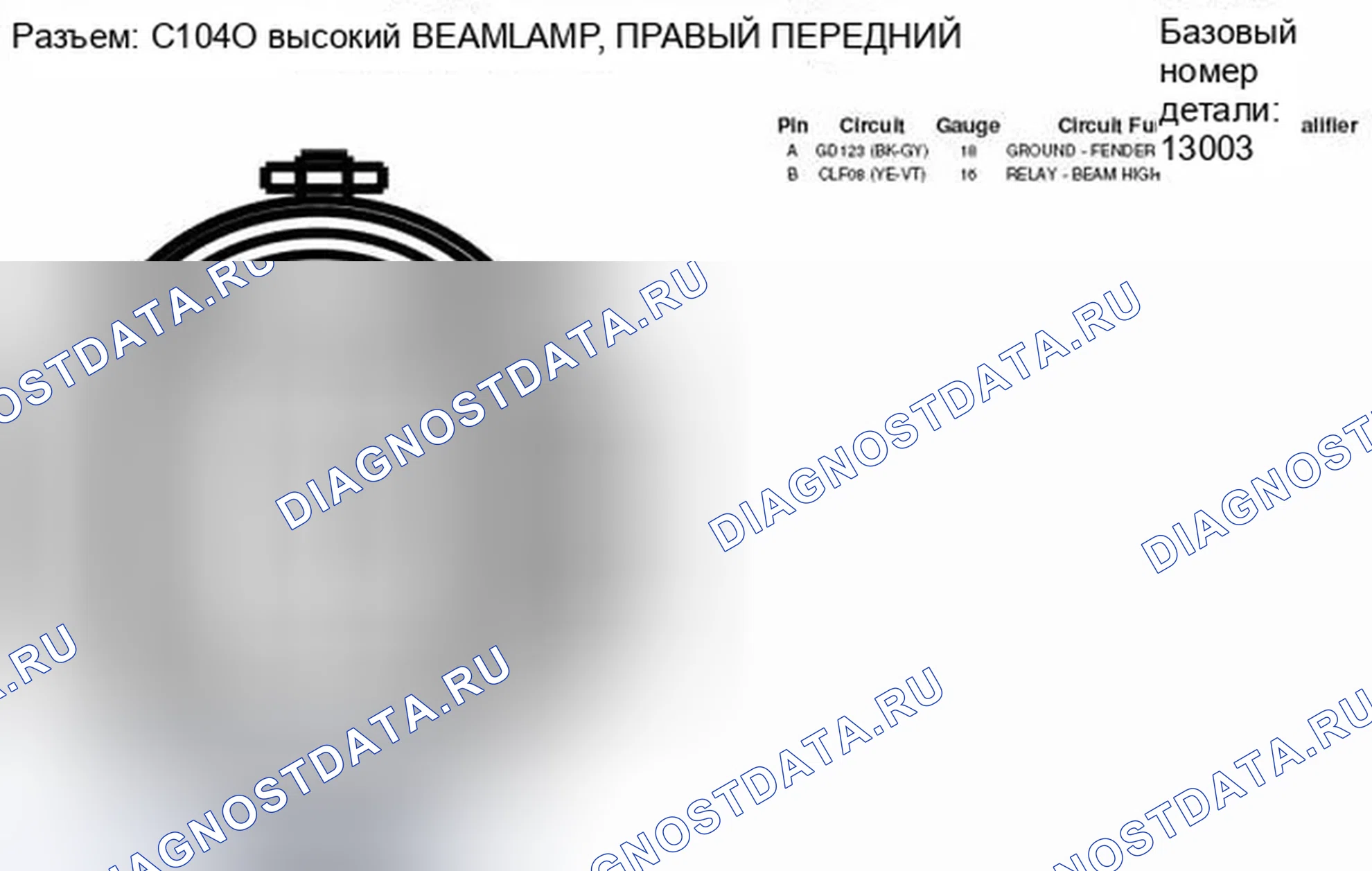 Рис. 205: Вид с торца разъема передней лампы дальнего света справа (C1040). Ford Edge I
