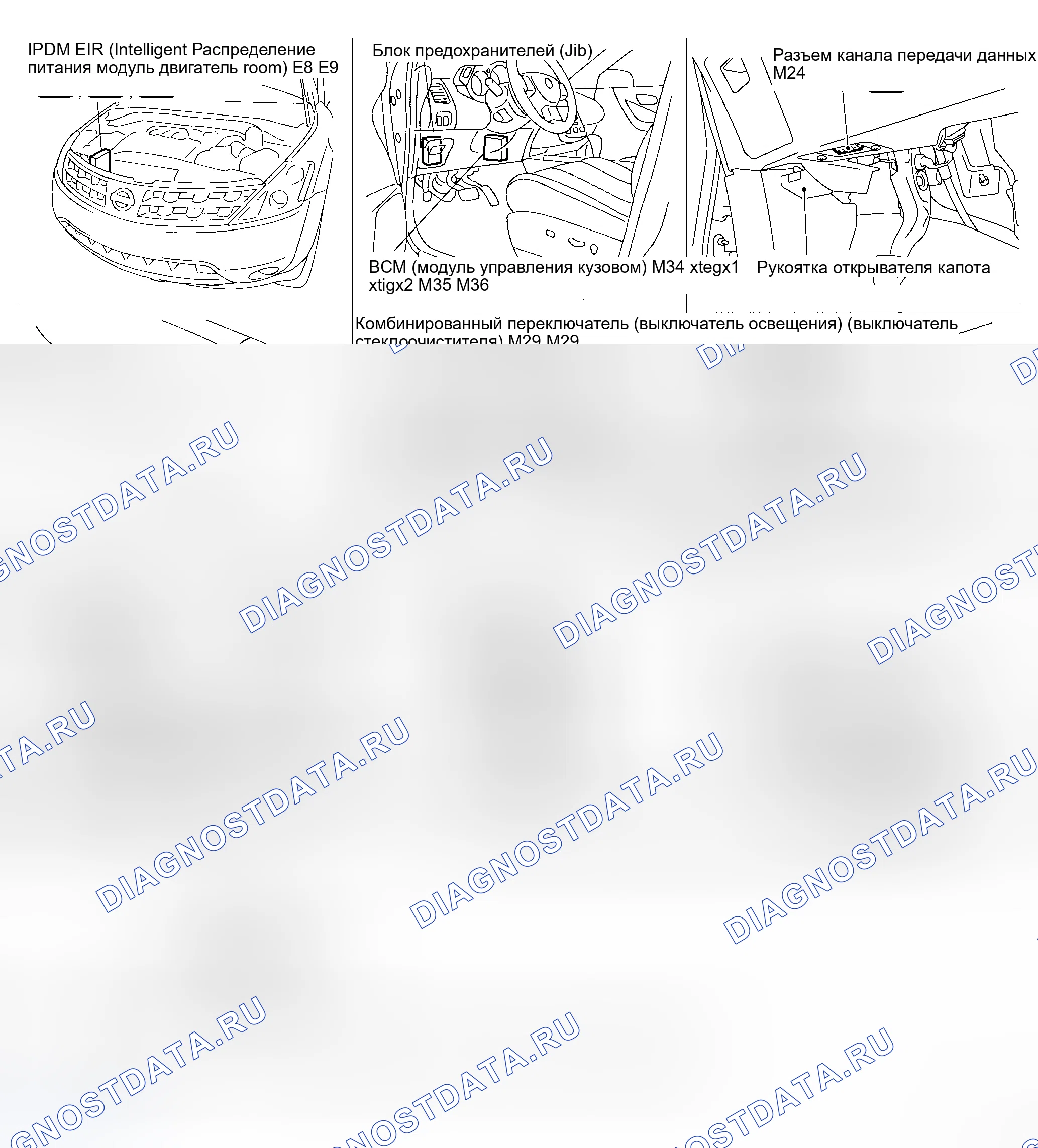 Рис. 55: Расположение компонентов и разъемов кабелей. Honda Integra SJ I